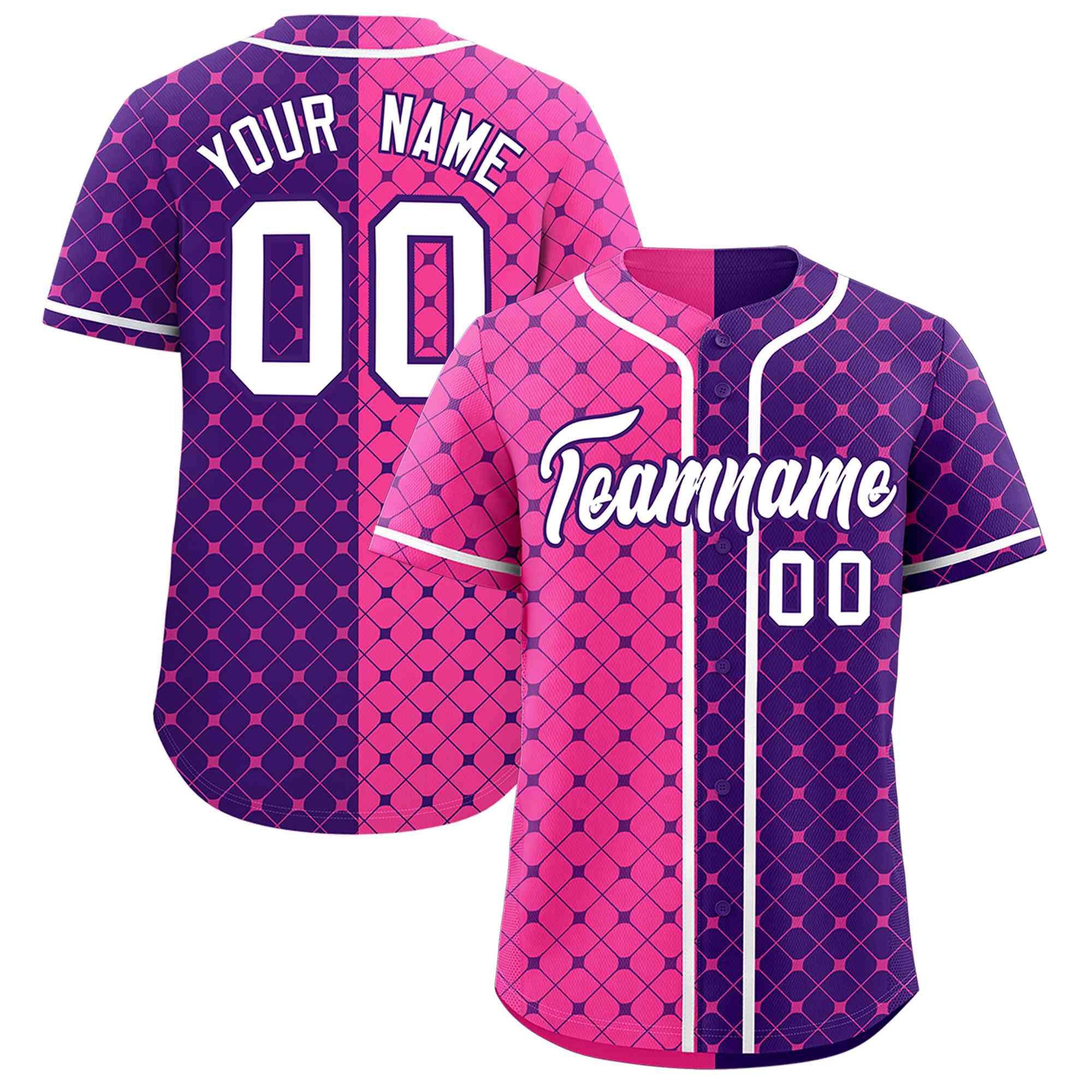 Custom Pink Purple Split Fashion Plaid Design Authentic Baseball Jersey