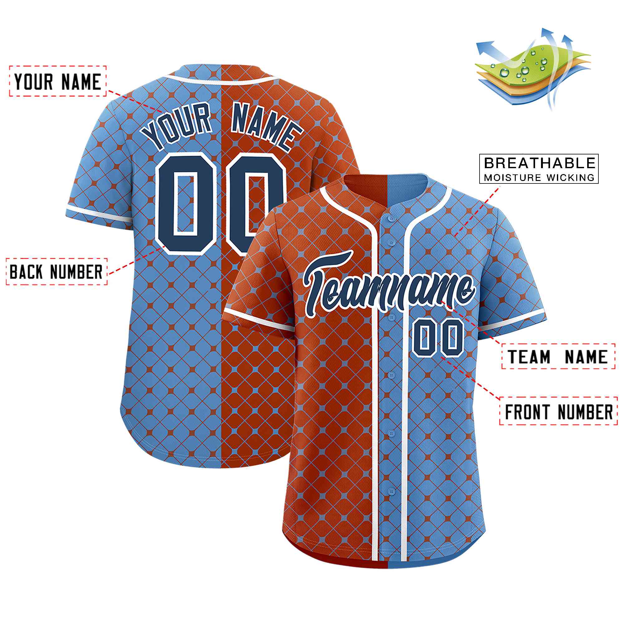 Custom Texas Orange Light Blue Split Fashion Plaid Design Authentic Baseball Jersey