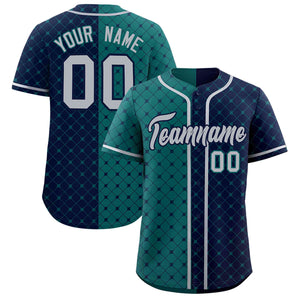 Custom Aqua Navy Split Fashion Plaid Design Authentic Baseball Jersey