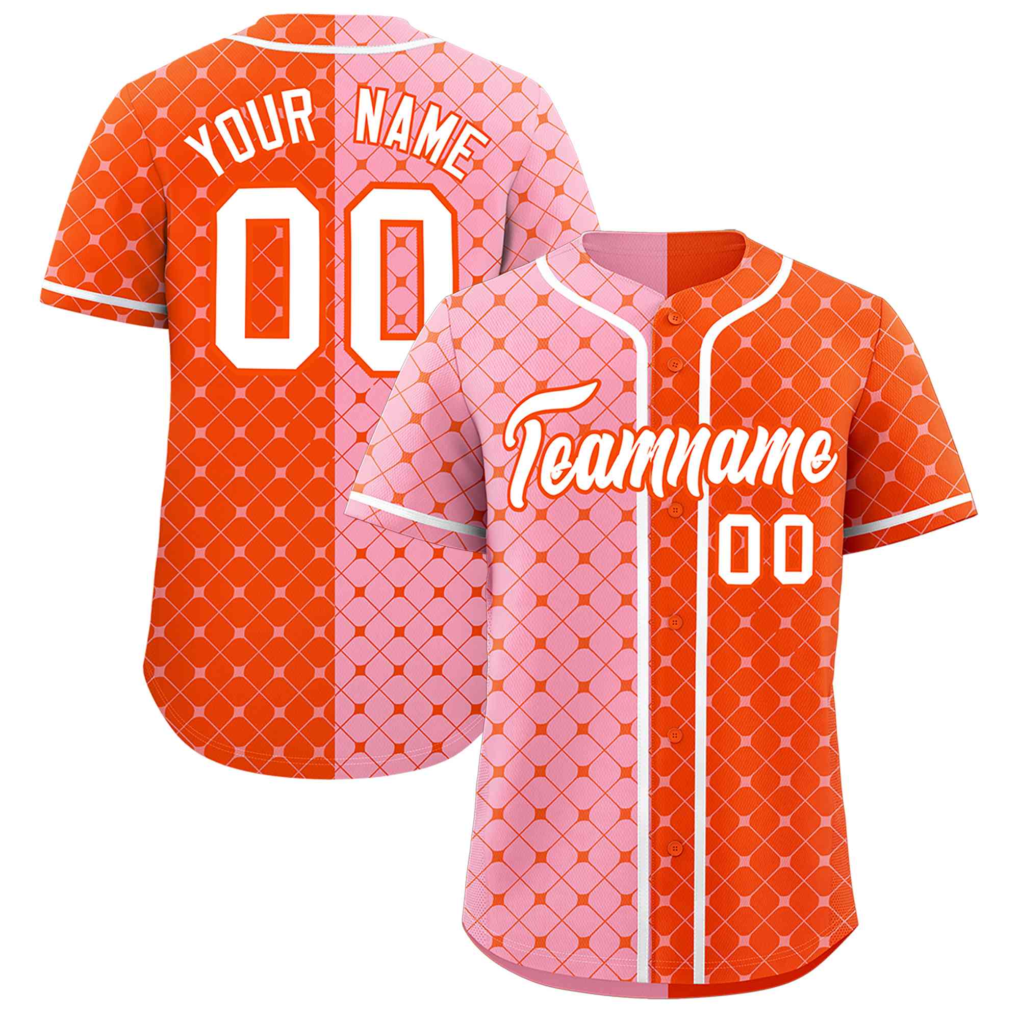 Custom Light Pink Orange Split Fashion Plaid Design Authentic Baseball Jersey