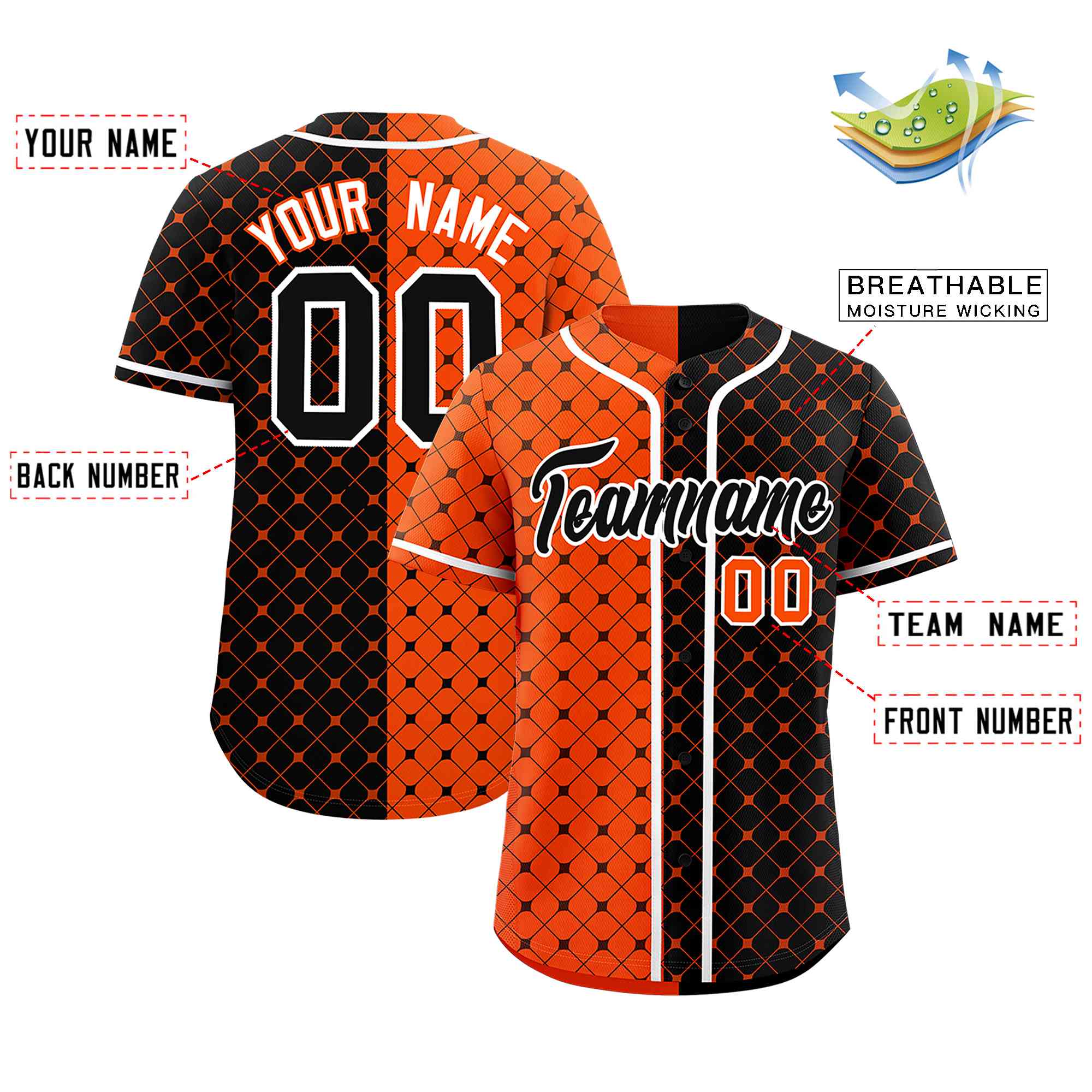 Custom Orange Black Split Fashion Plaid Design Authentic Baseball Jersey