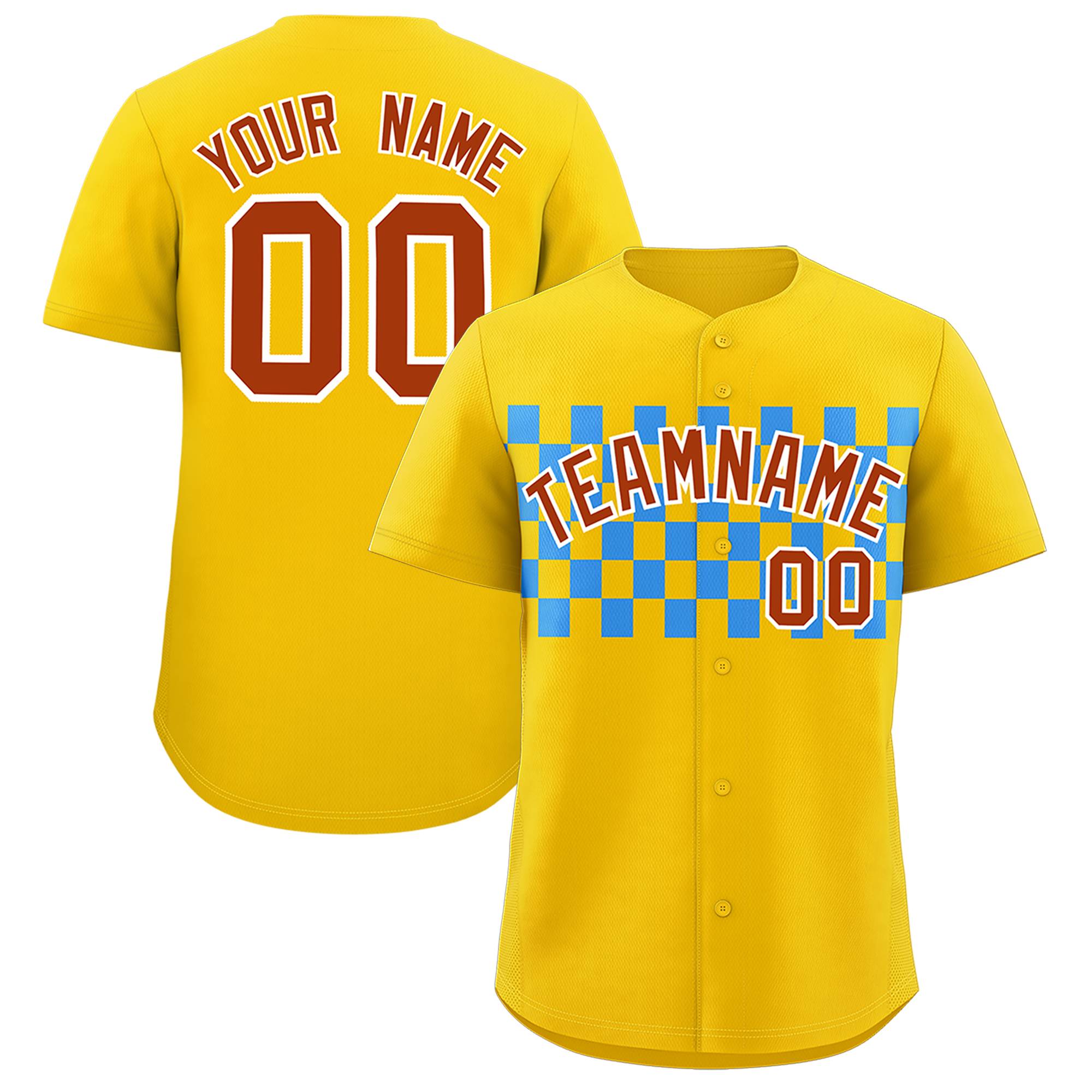 Custom Gold Powder Blue Personalized Plaid Fashion Design Authentic Baseball Jersey