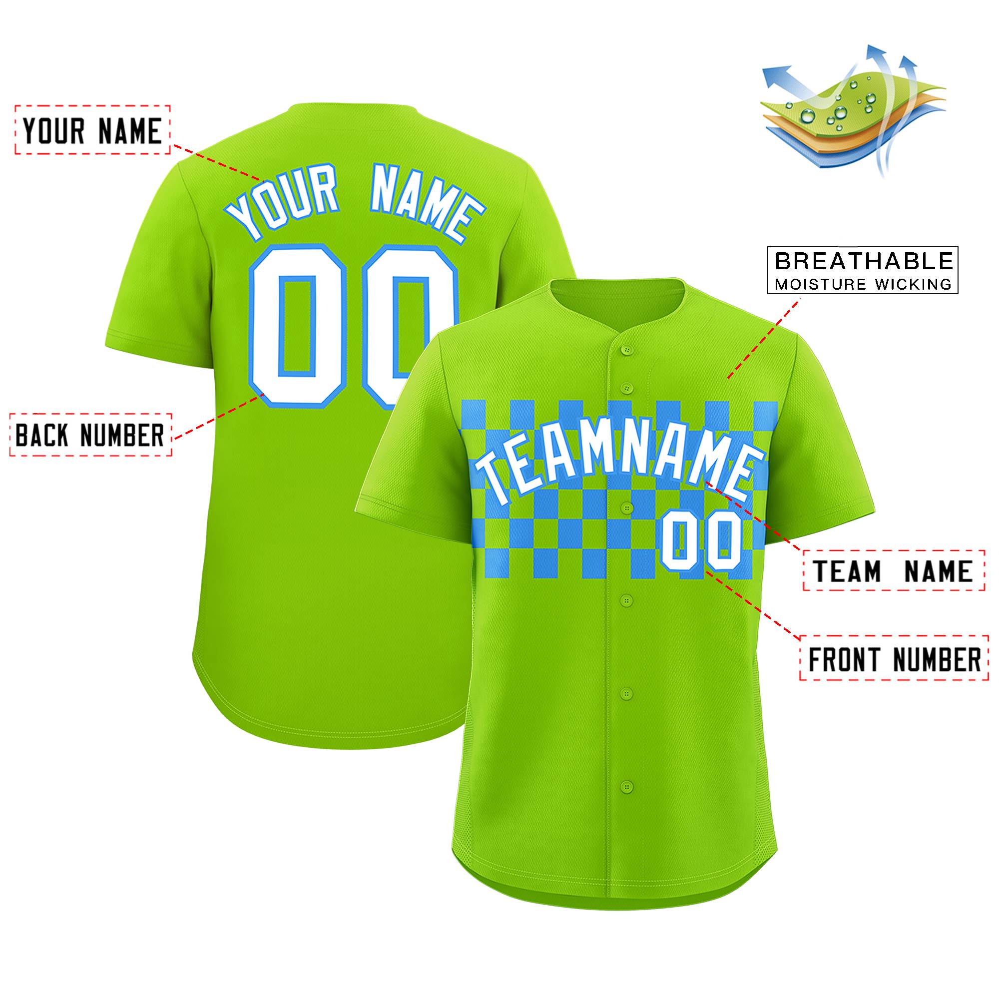 Custom Neon Green Powder Blue Personalized Plaid Fashion Design Authentic Baseball Jersey