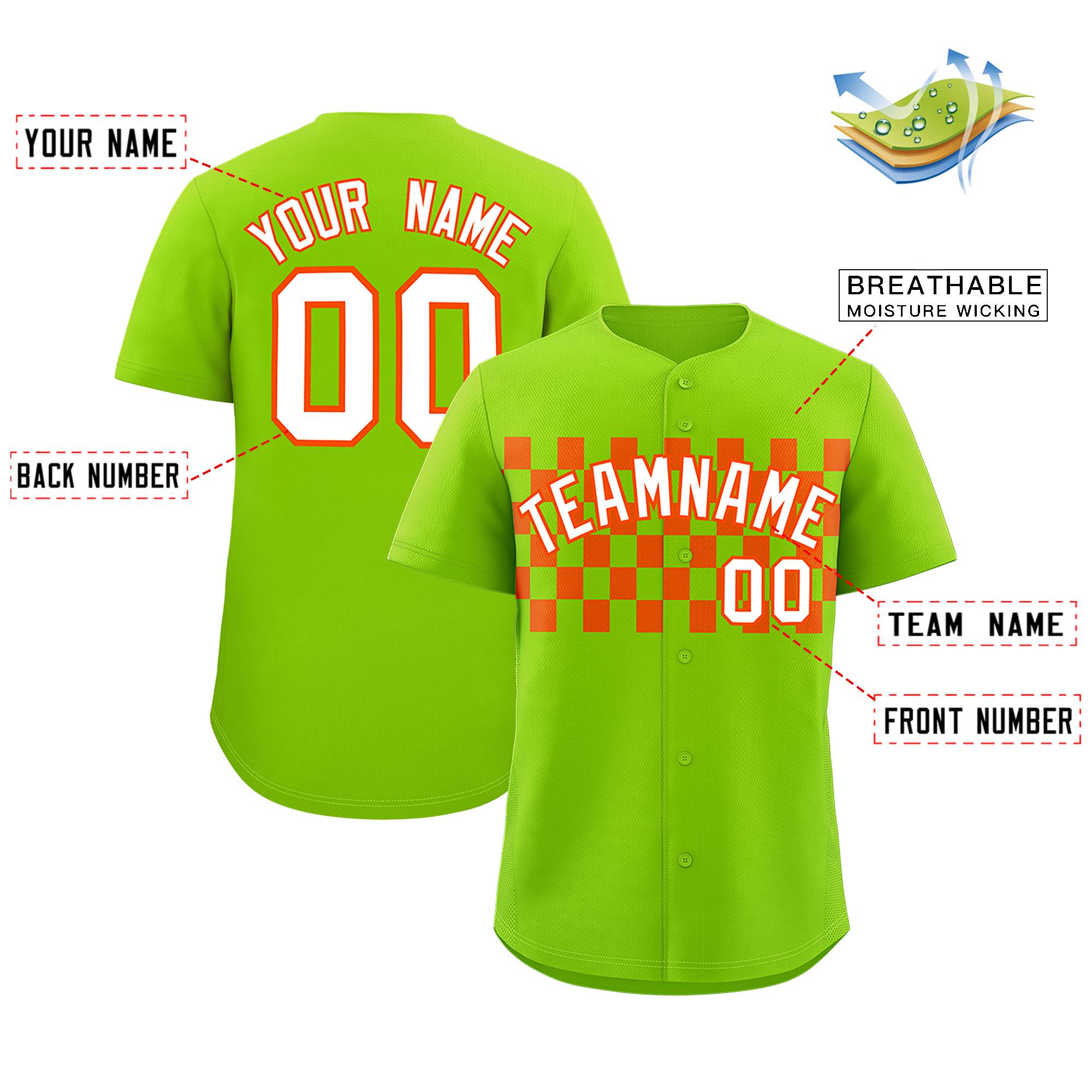 Custom Neon Green Orange Personalized Plaid Fashion Design Authentic Baseball Jersey