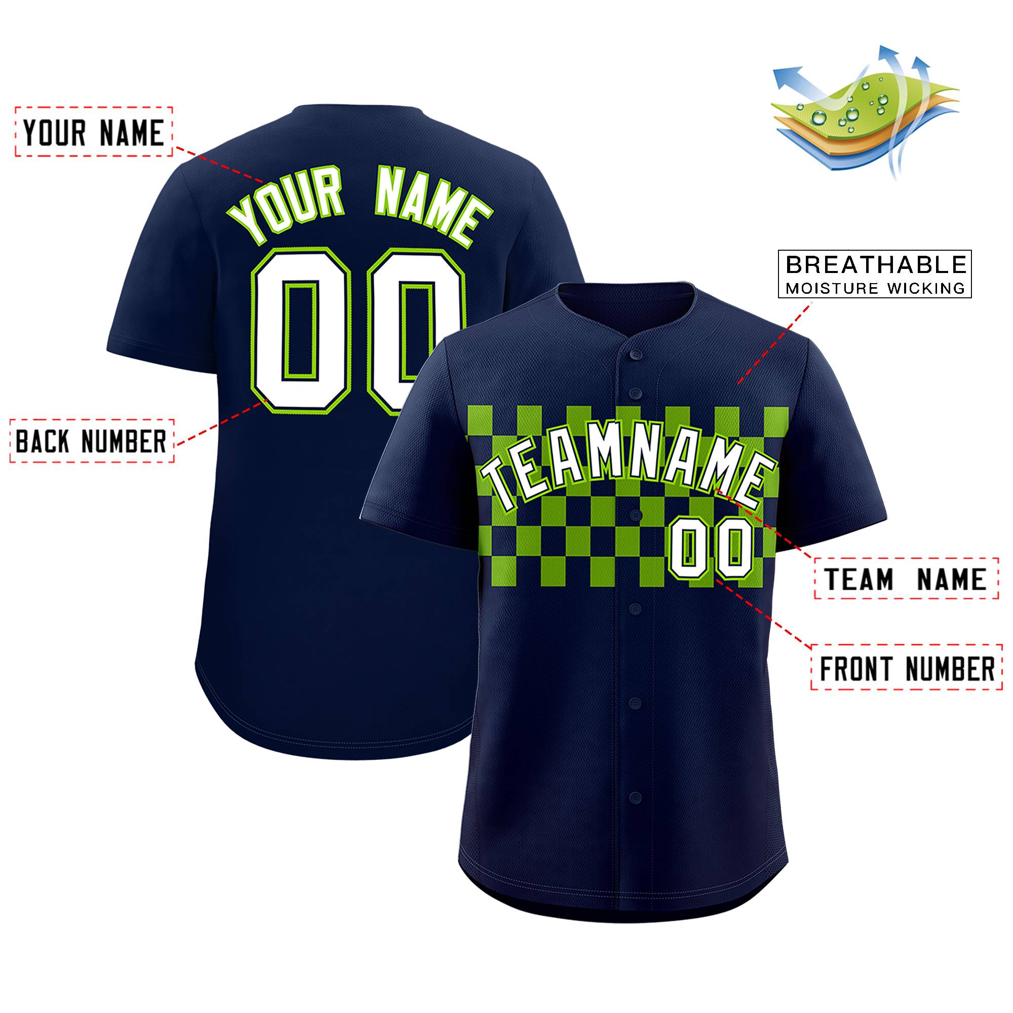 Custom Navy Neon Green Personalized Plaid Fashion Design Authentic Baseball Jersey