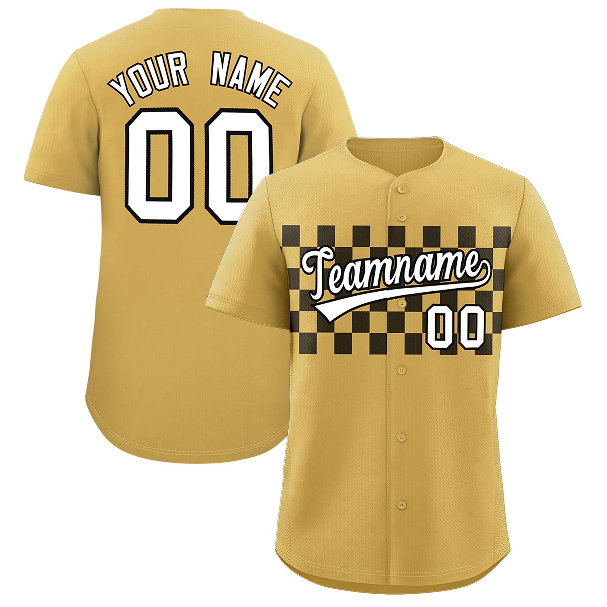 Custom Old Gold Black Personalized Plaid Fashion Design Authentic Baseball Jersey