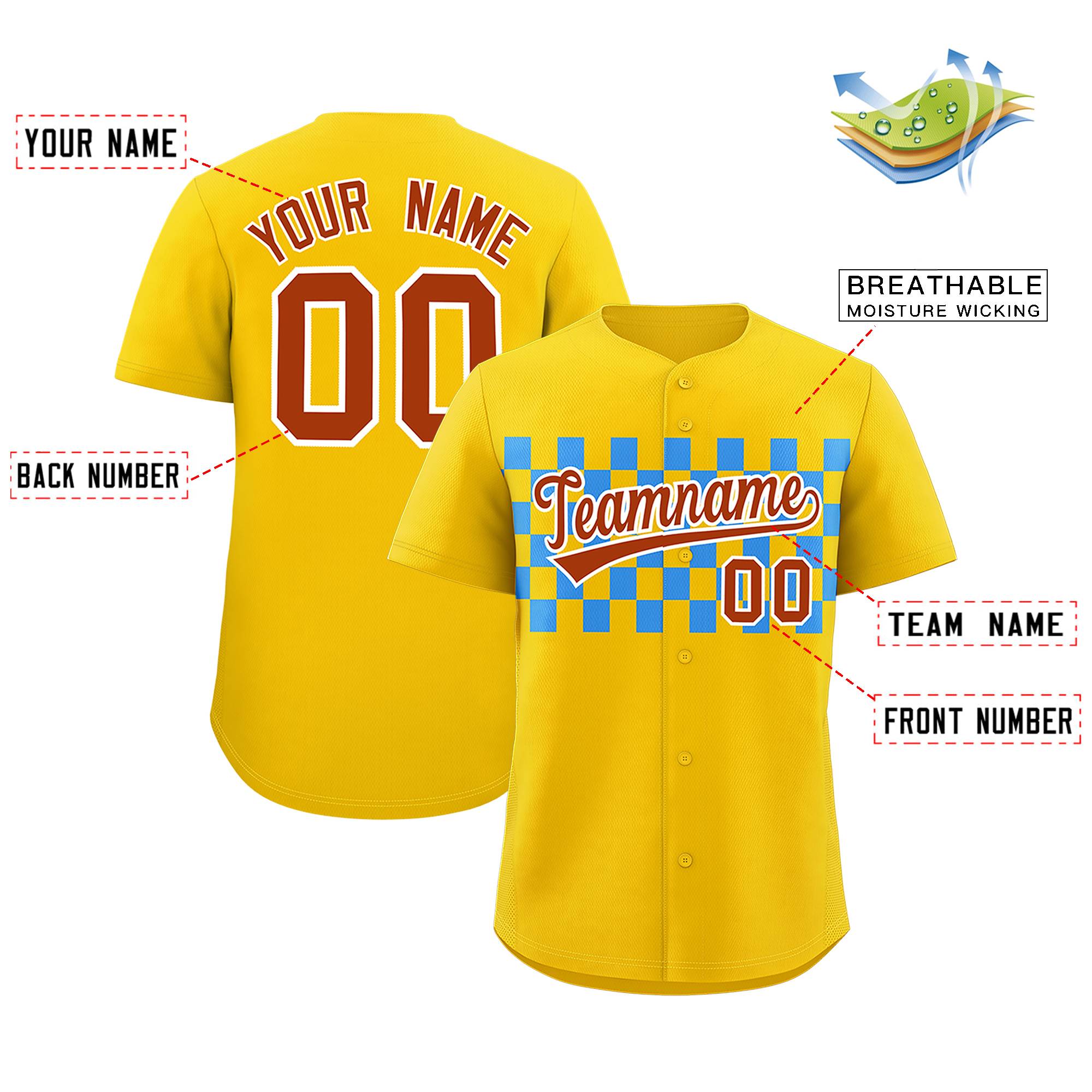 Custom Gold Powder Blue Personalized Plaid Fashion Design Authentic Baseball Jersey