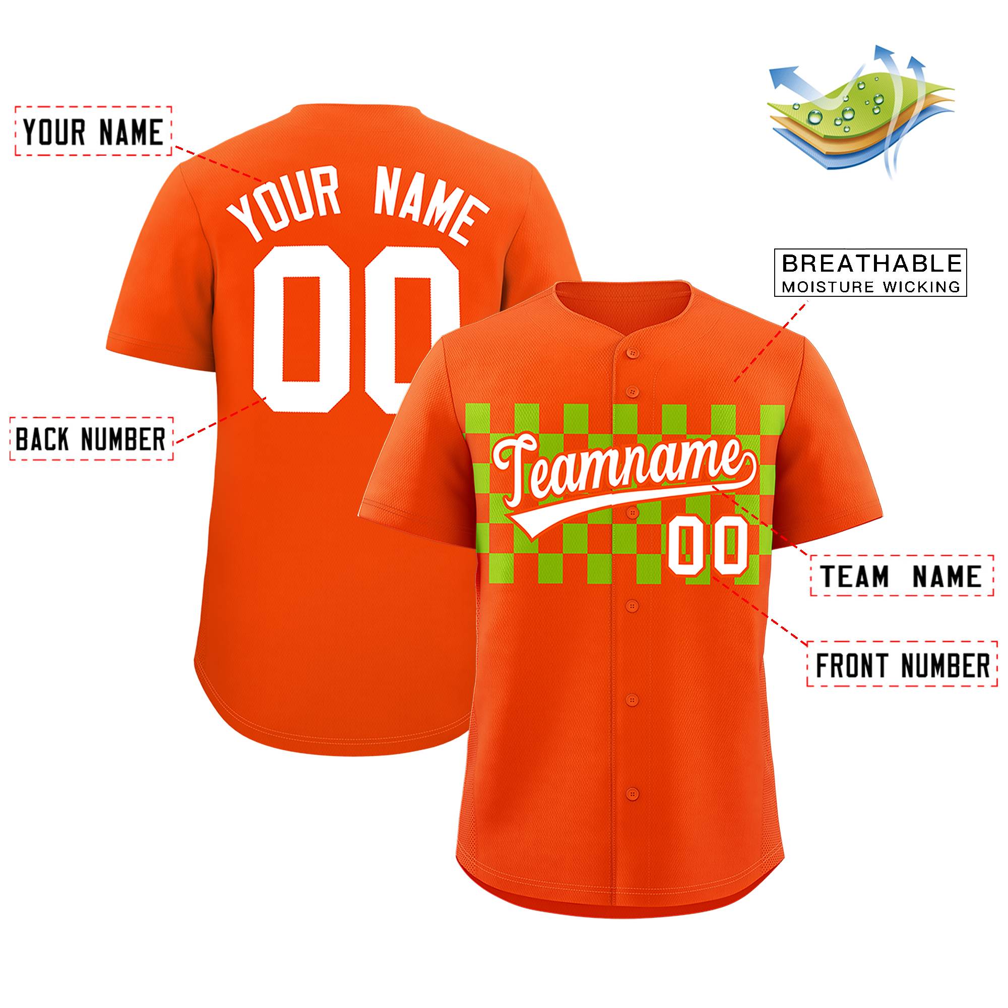 Custom Orange Neon Green Personalized Plaid Fashion Design Authentic Baseball Jersey