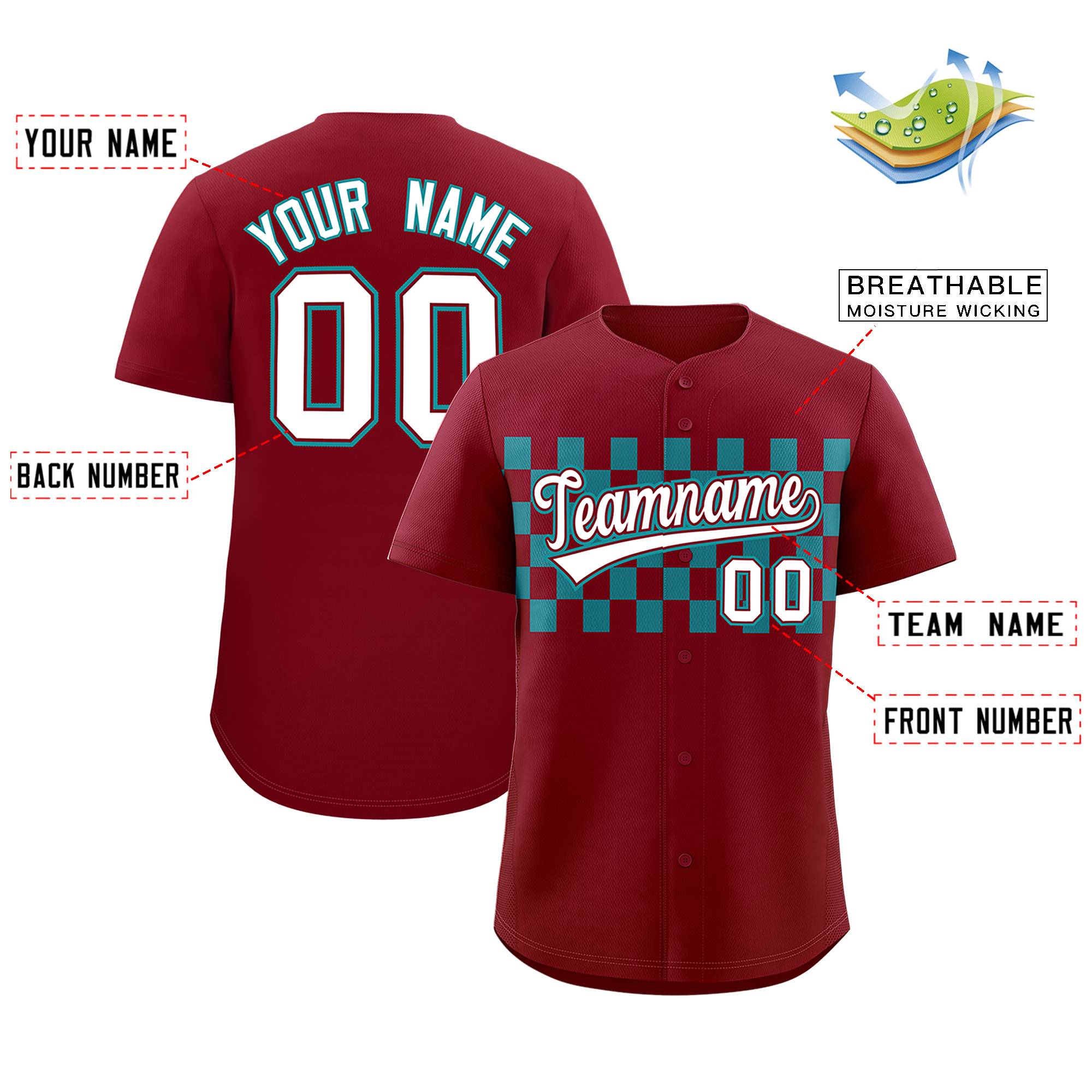 Custom Crimson Aqua Personalized Plaid Fashion Design Authentic Baseball Jersey