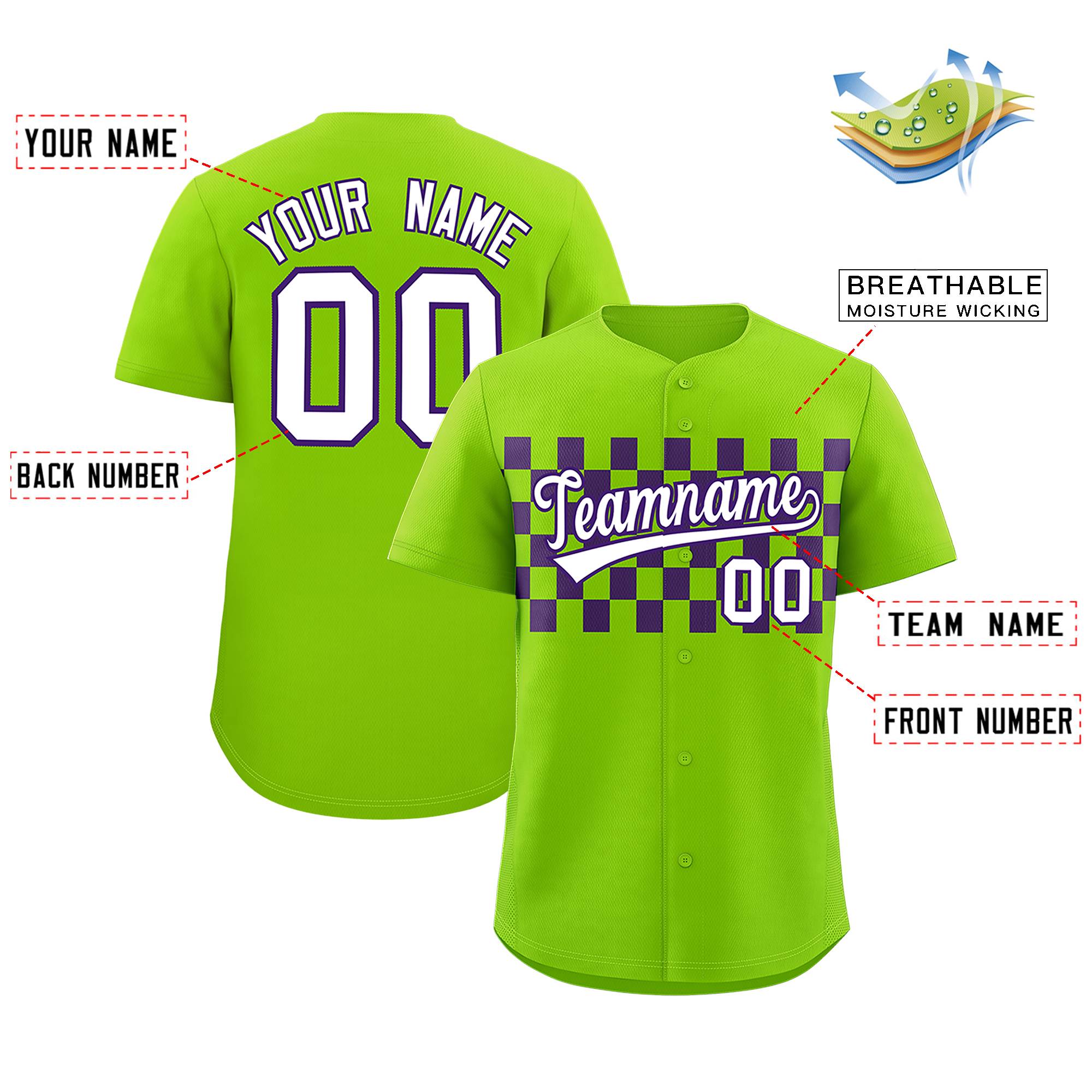 Custom Neon Green Purple Personalized Plaid Fashion Design Authentic Baseball Jersey