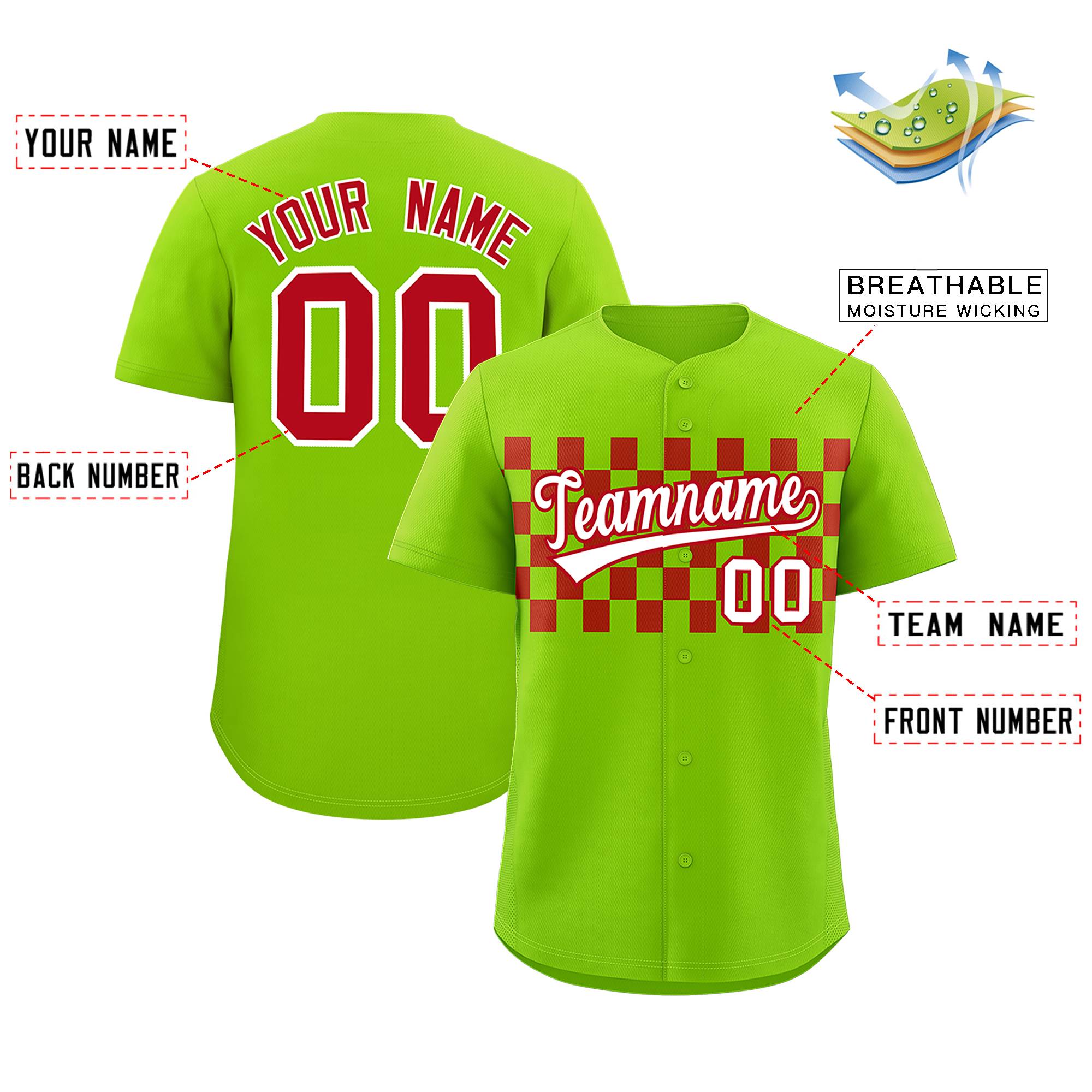 Custom Neon Green Red Personalized Plaid Fashion Design Authentic Baseball Jersey