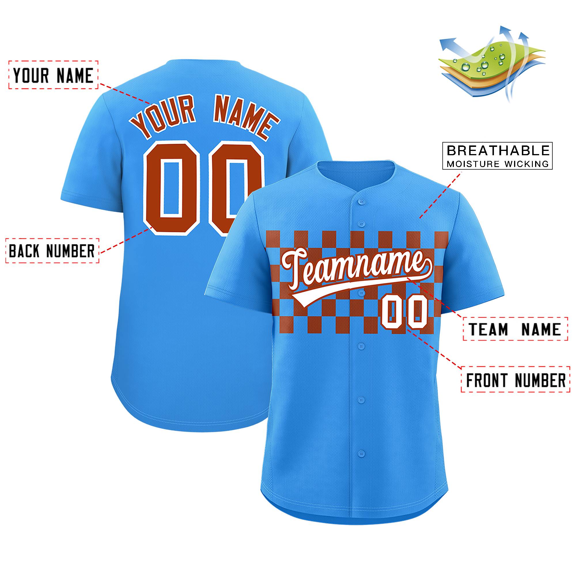 Custom Powder Blue Brown Personalized Plaid Fashion Design Authentic Baseball Jersey