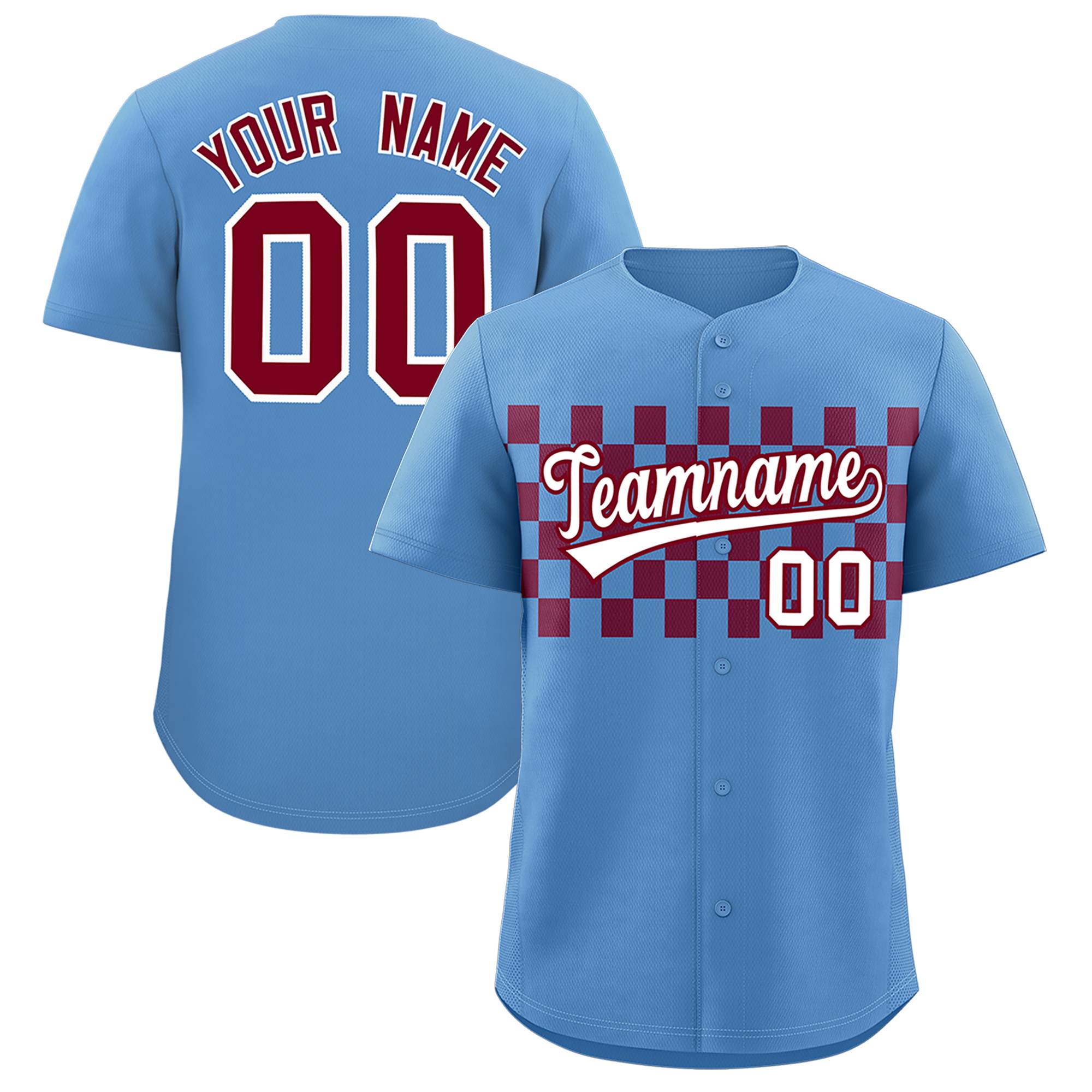 Custom Light Blue Crimson Personalized Plaid Fashion Design Authentic Baseball Jersey