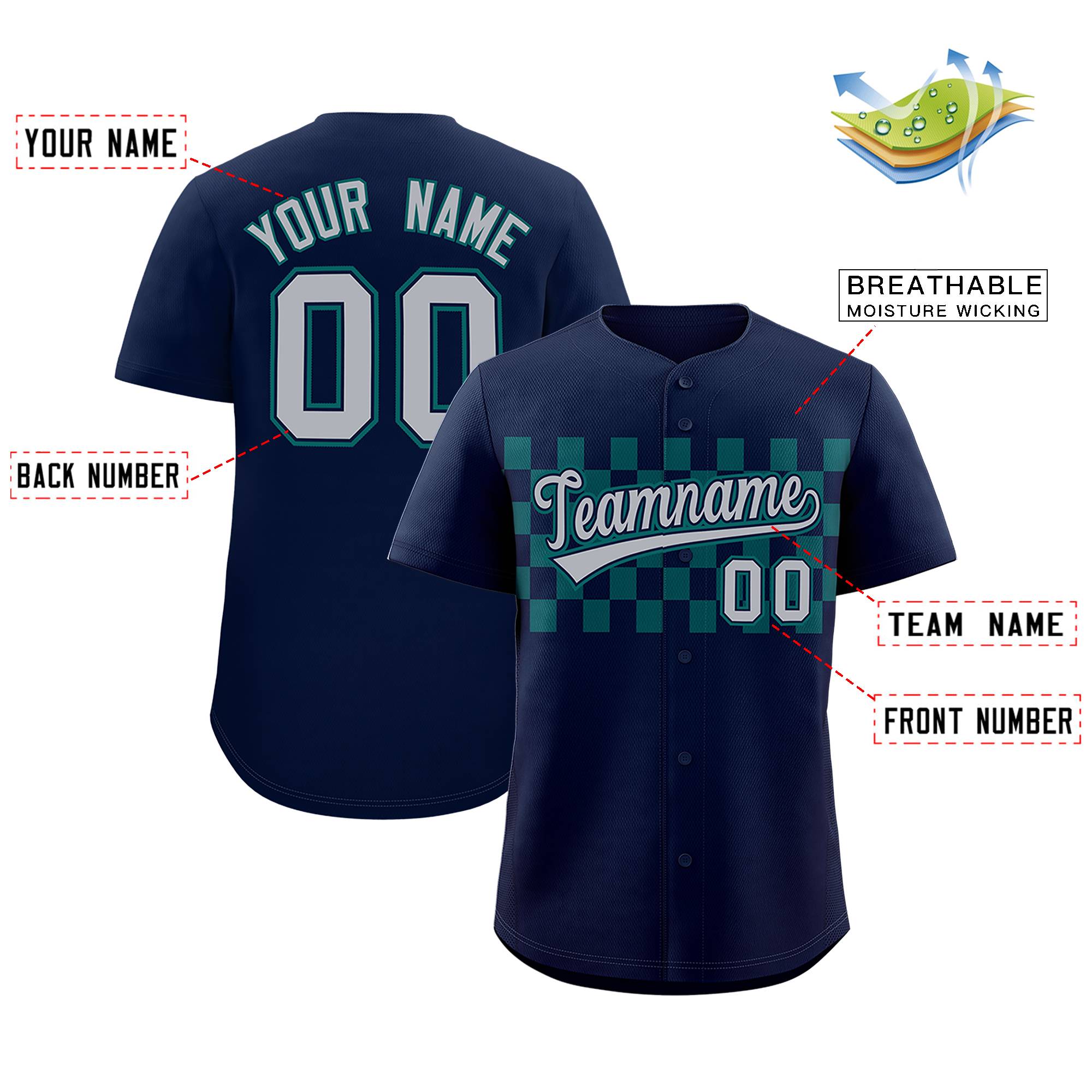 Custom Navy Aqua Personalized Plaid Fashion Design Authentic Baseball Jersey