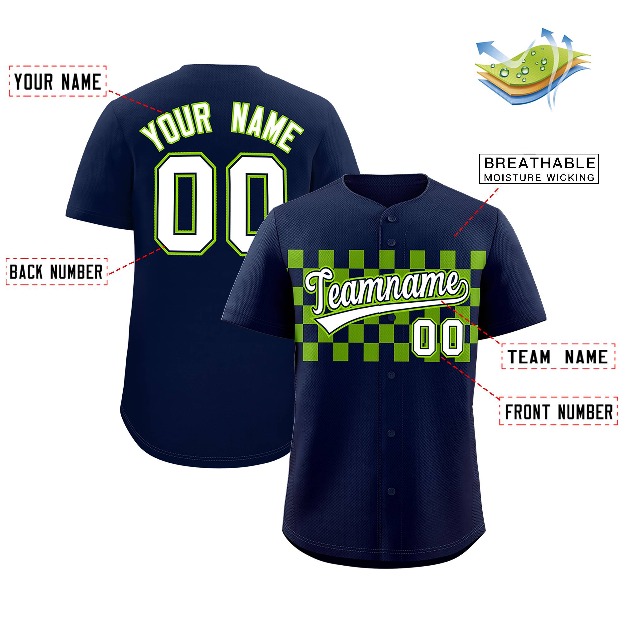 Custom Navy Neon Green Personalized Plaid Fashion Design Authentic Baseball Jersey