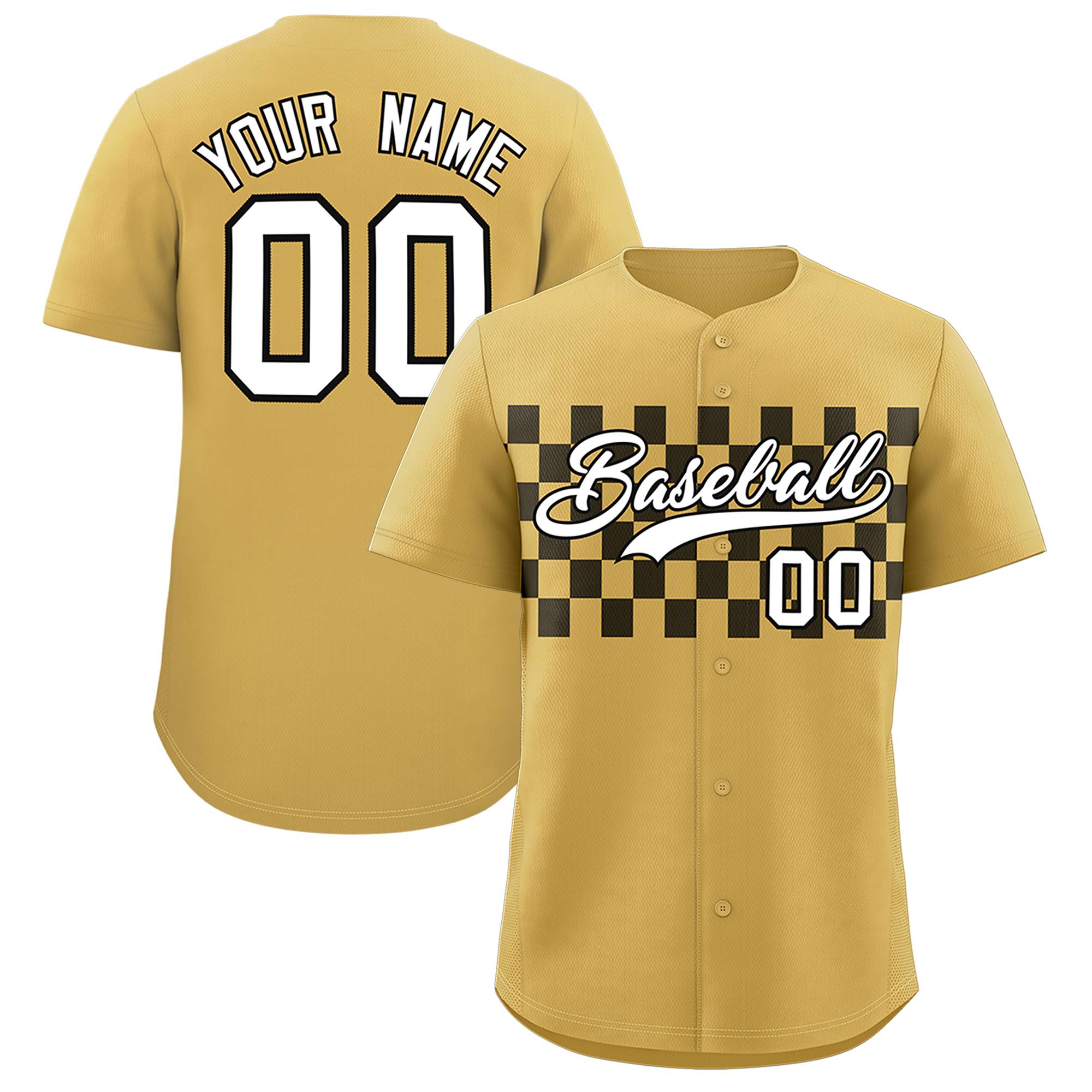 Custom Old Gold Black Personalized Plaid Fashion Design Authentic Baseball Jersey