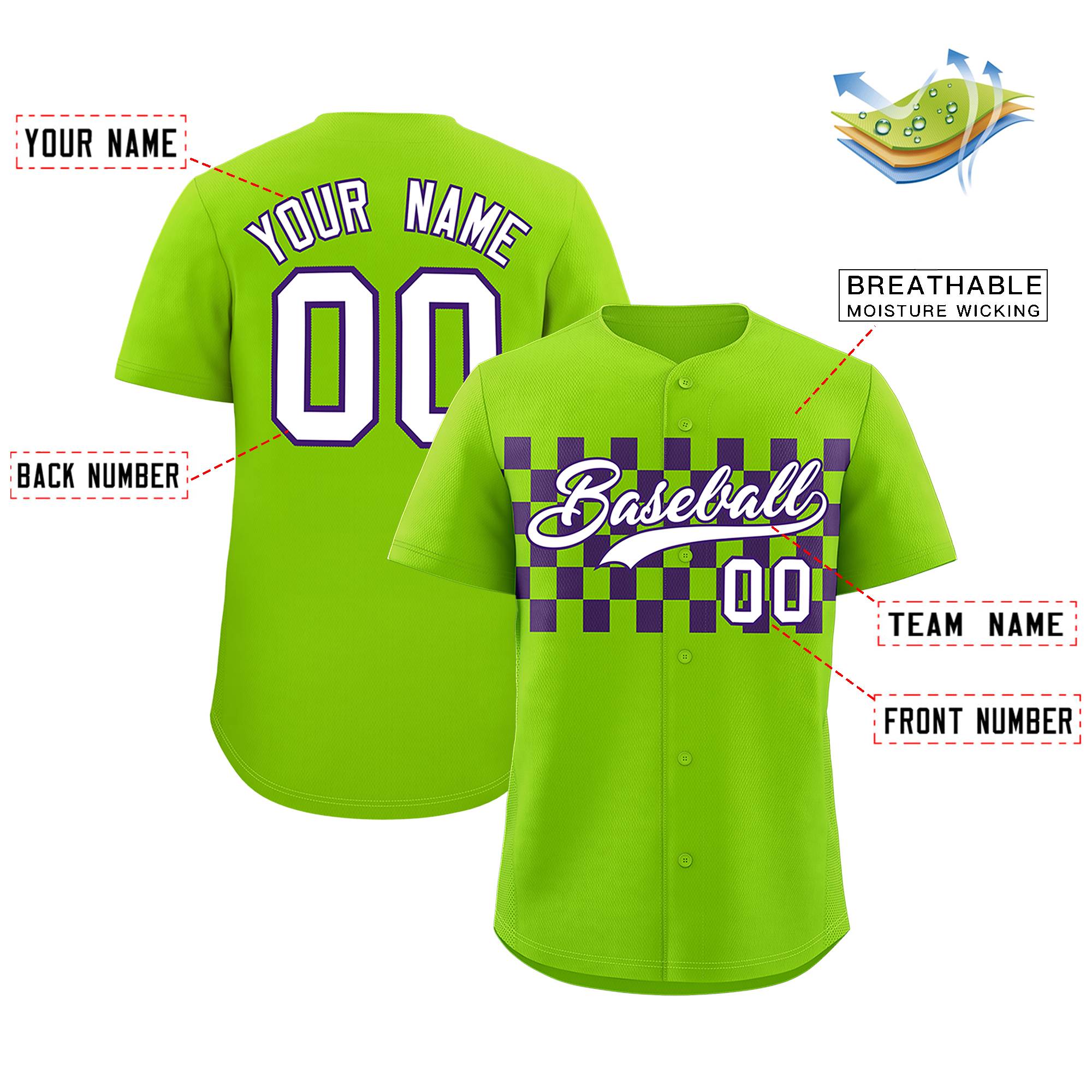 Custom Neon Green Purple Personalized Plaid Fashion Design Authentic Baseball Jersey