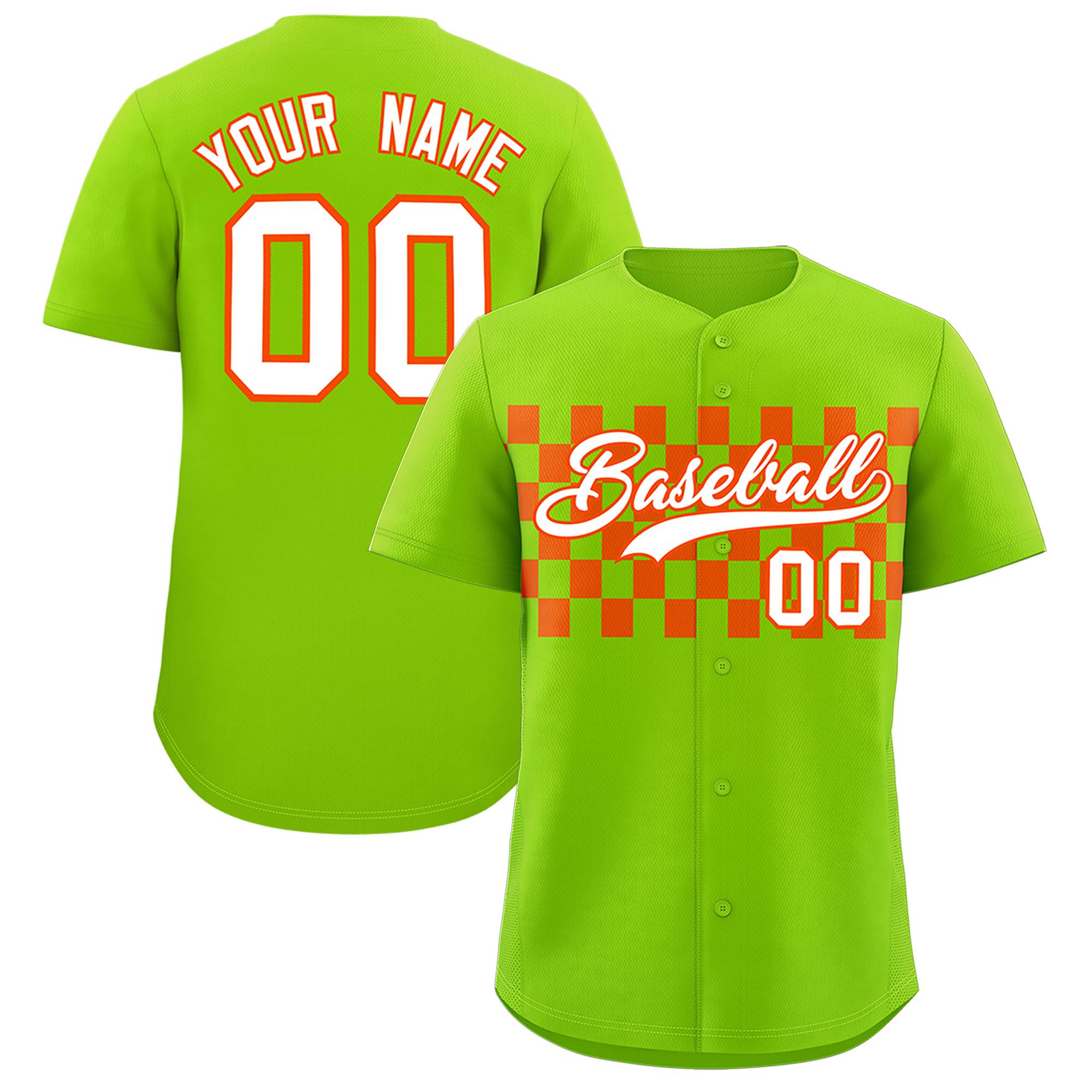 Custom Neon Green Orange Personalized Plaid Fashion Design Authentic Baseball Jersey