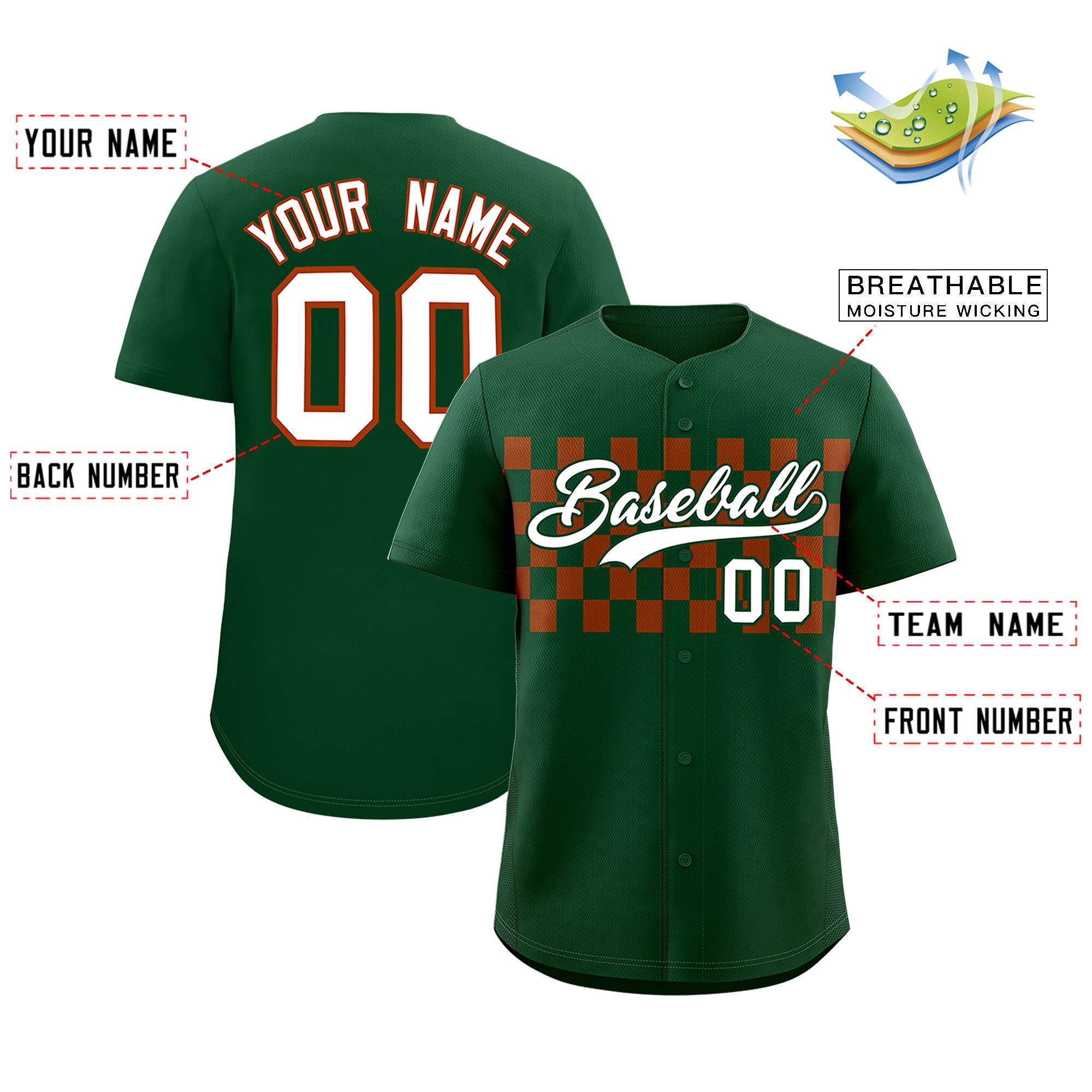 Custom Green Texas Orange Personalized Plaid Fashion Design Authentic Baseball Jersey