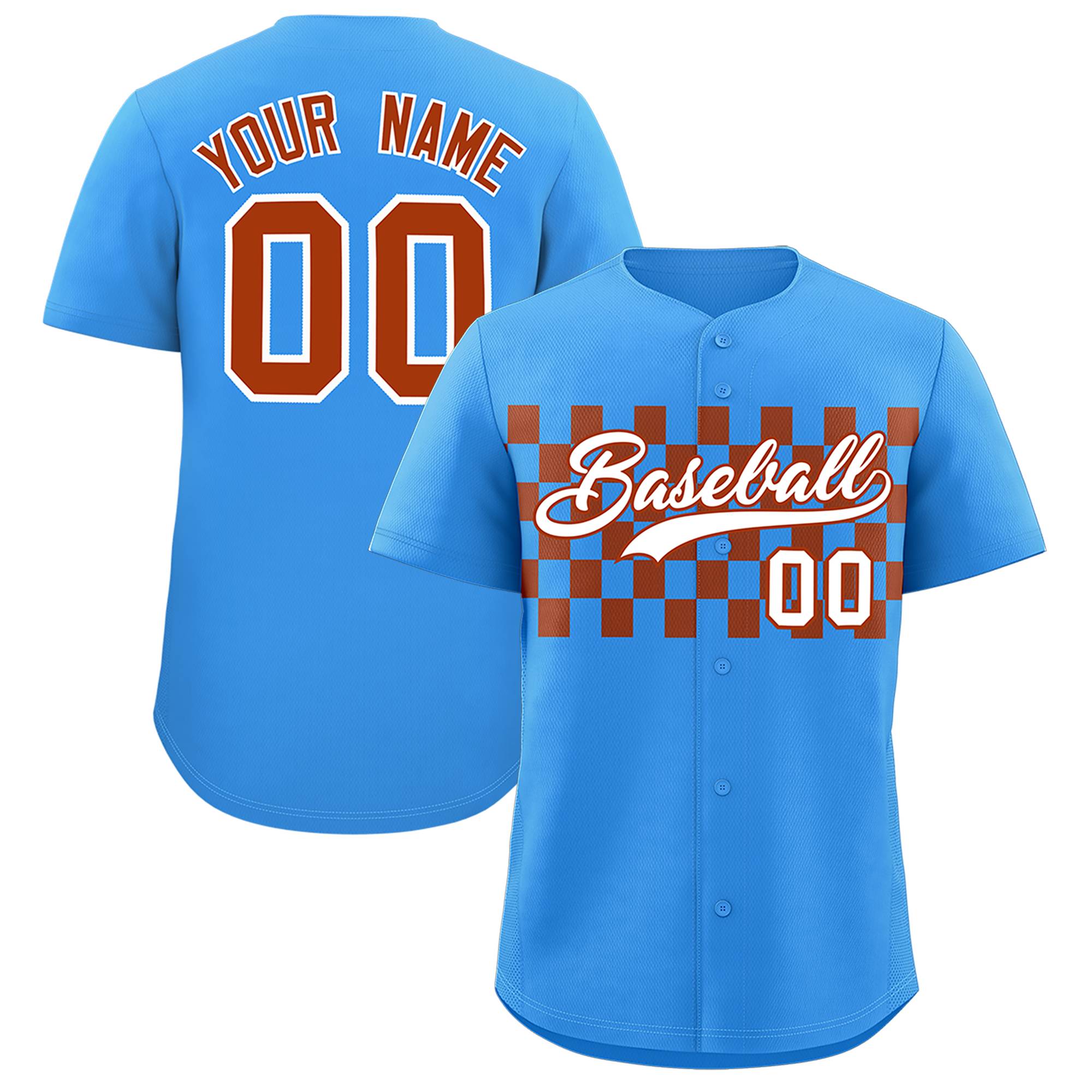 Custom Powder Blue Brown Personalized Plaid Fashion Design Authentic Baseball Jersey