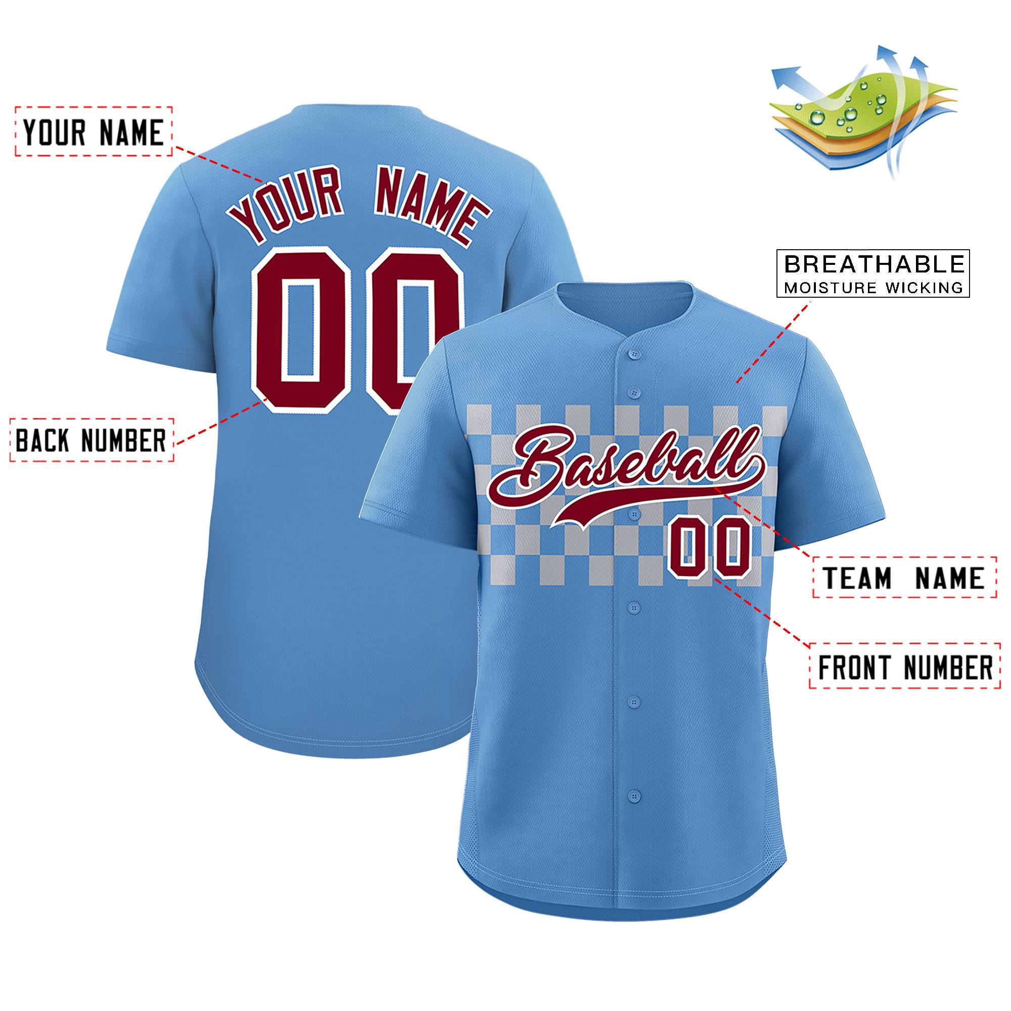 Custom Light Blue Gray Personalized Plaid Fashion Design Authentic Baseball Jersey