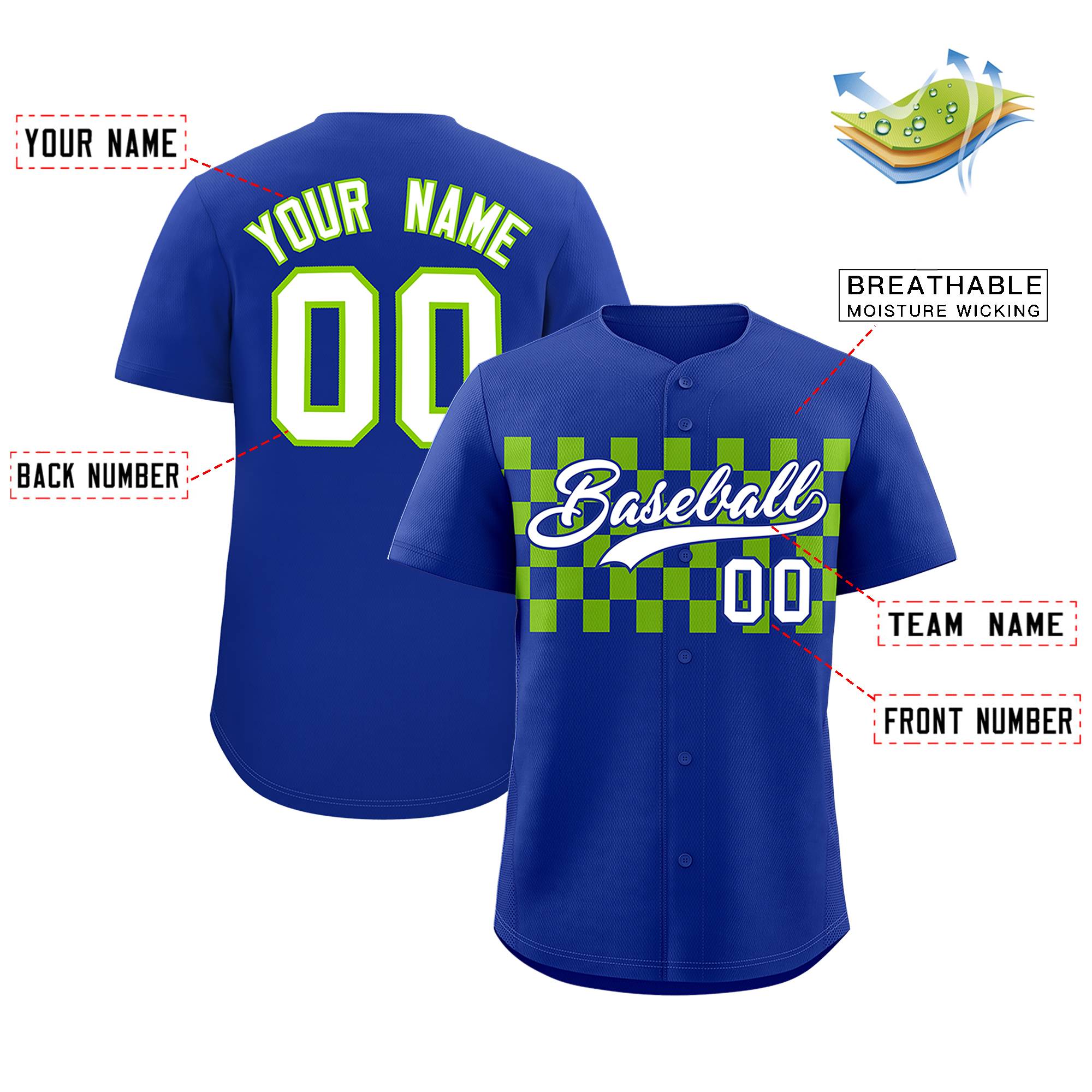 Custom Royal Neon Green Personalized Plaid Fashion Design Authentic Baseball Jersey