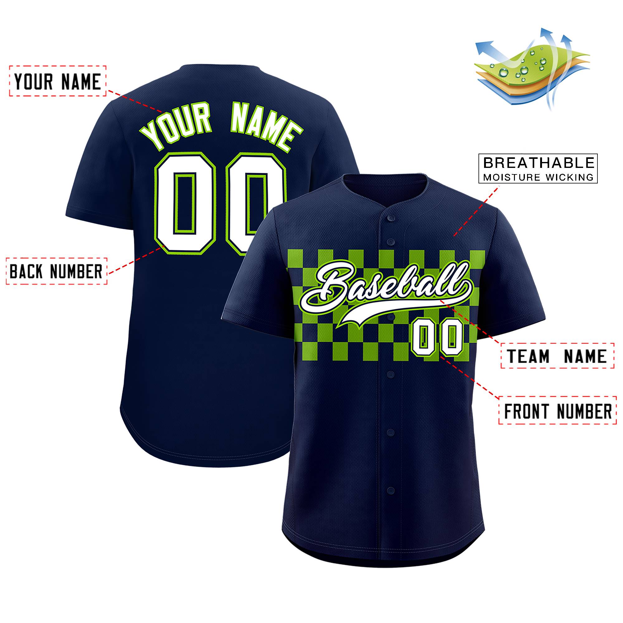 Custom Navy Neon Green Personalized Plaid Fashion Design Authentic Baseball Jersey