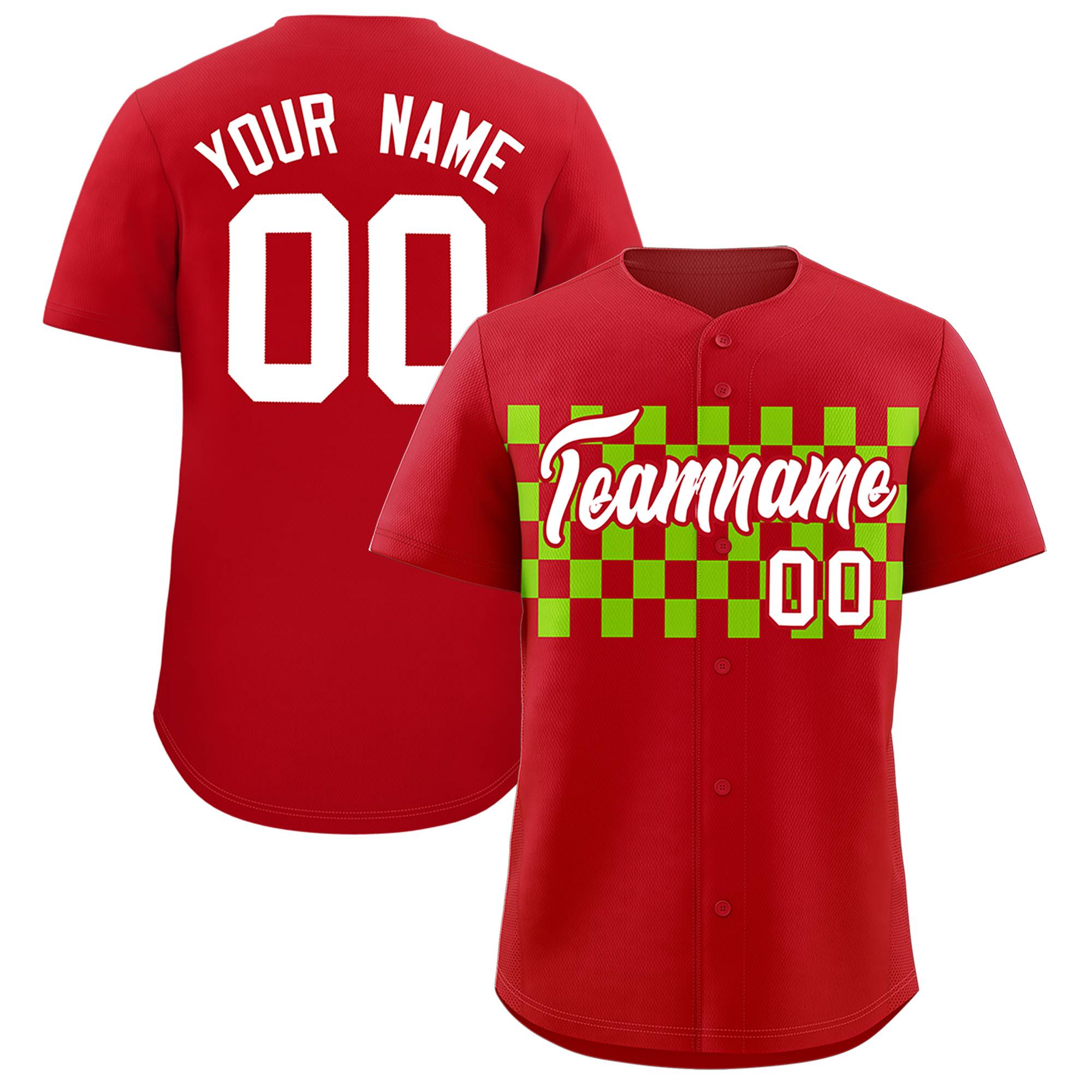 Custom Red Neon Green Personalized Plaid Fashion Design Authentic Baseball Jersey