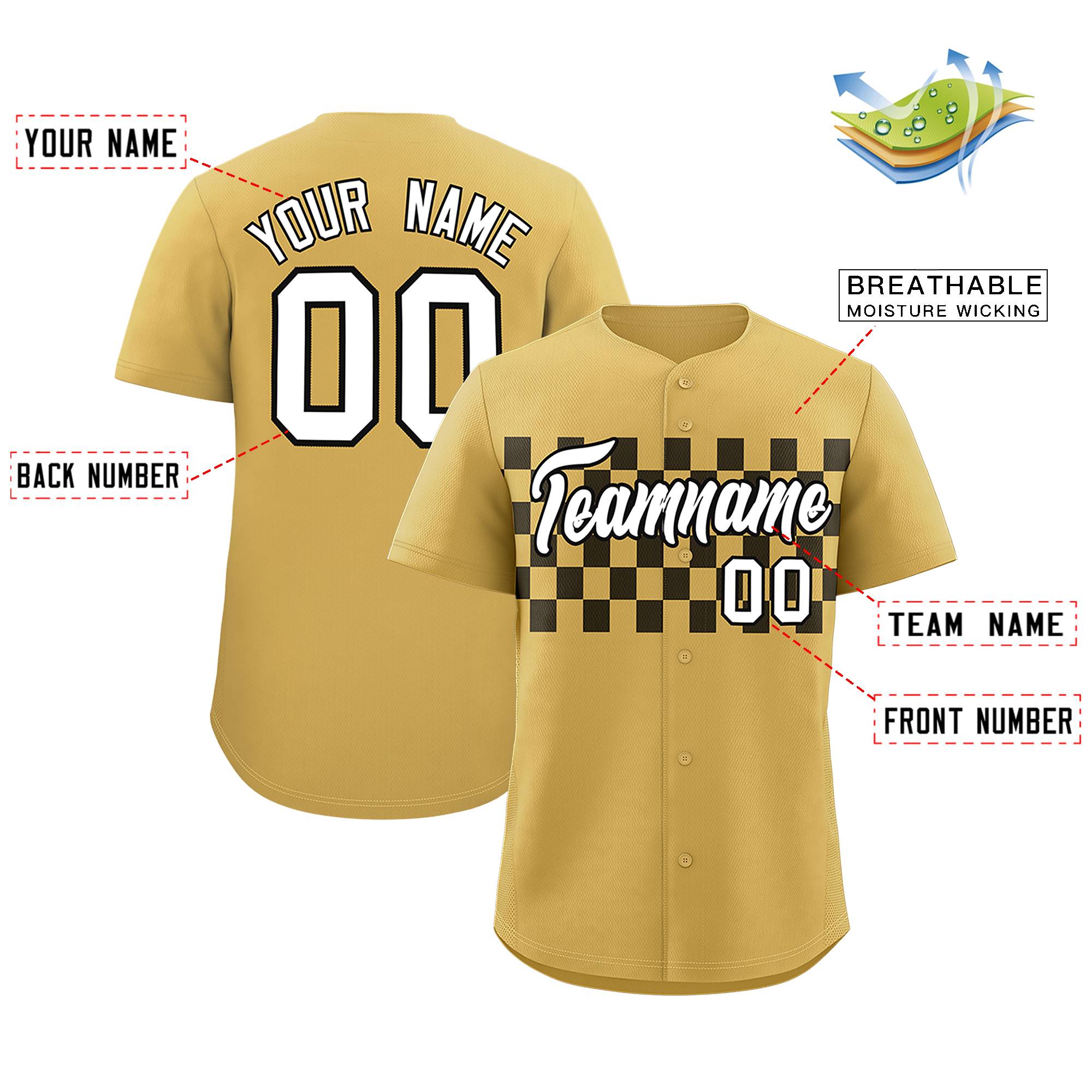 Custom Old Gold Black Personalized Plaid Fashion Design Authentic Baseball Jersey