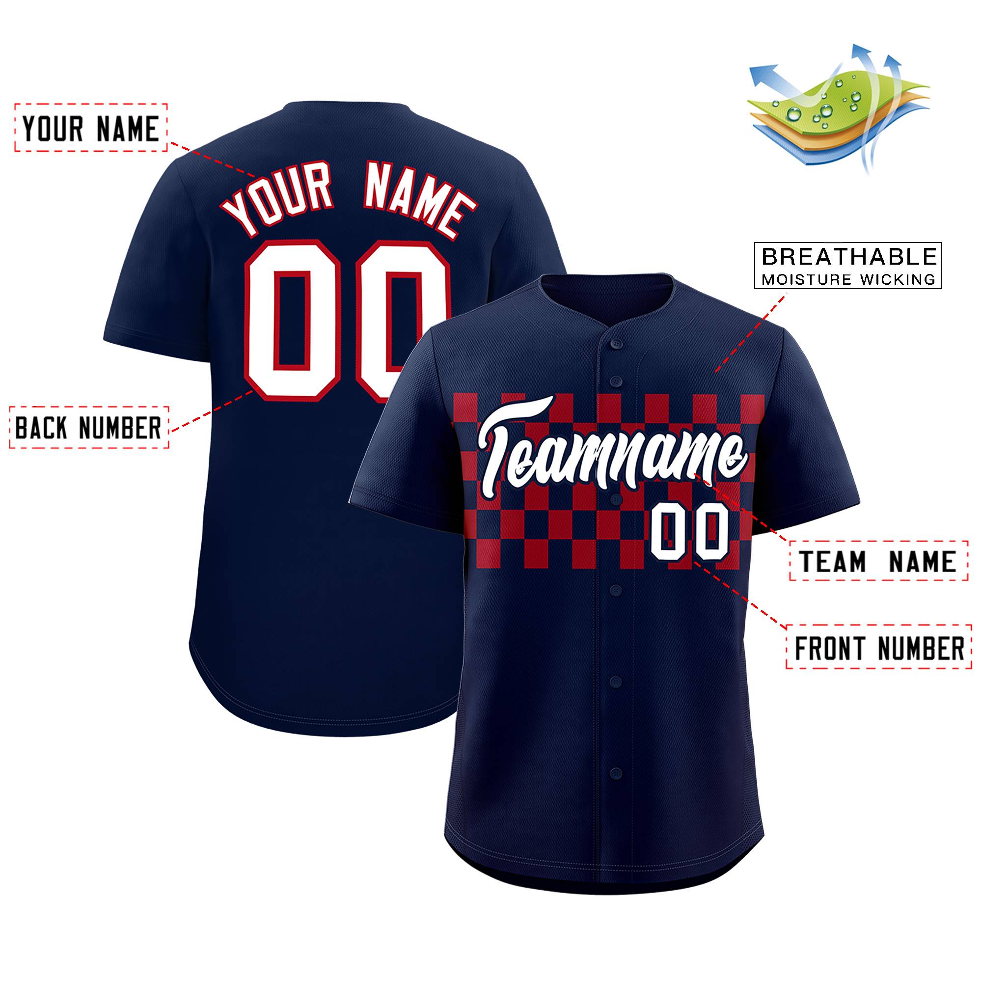 Custom Navy Red Personalized Plaid Fashion Design Authentic Baseball Jersey