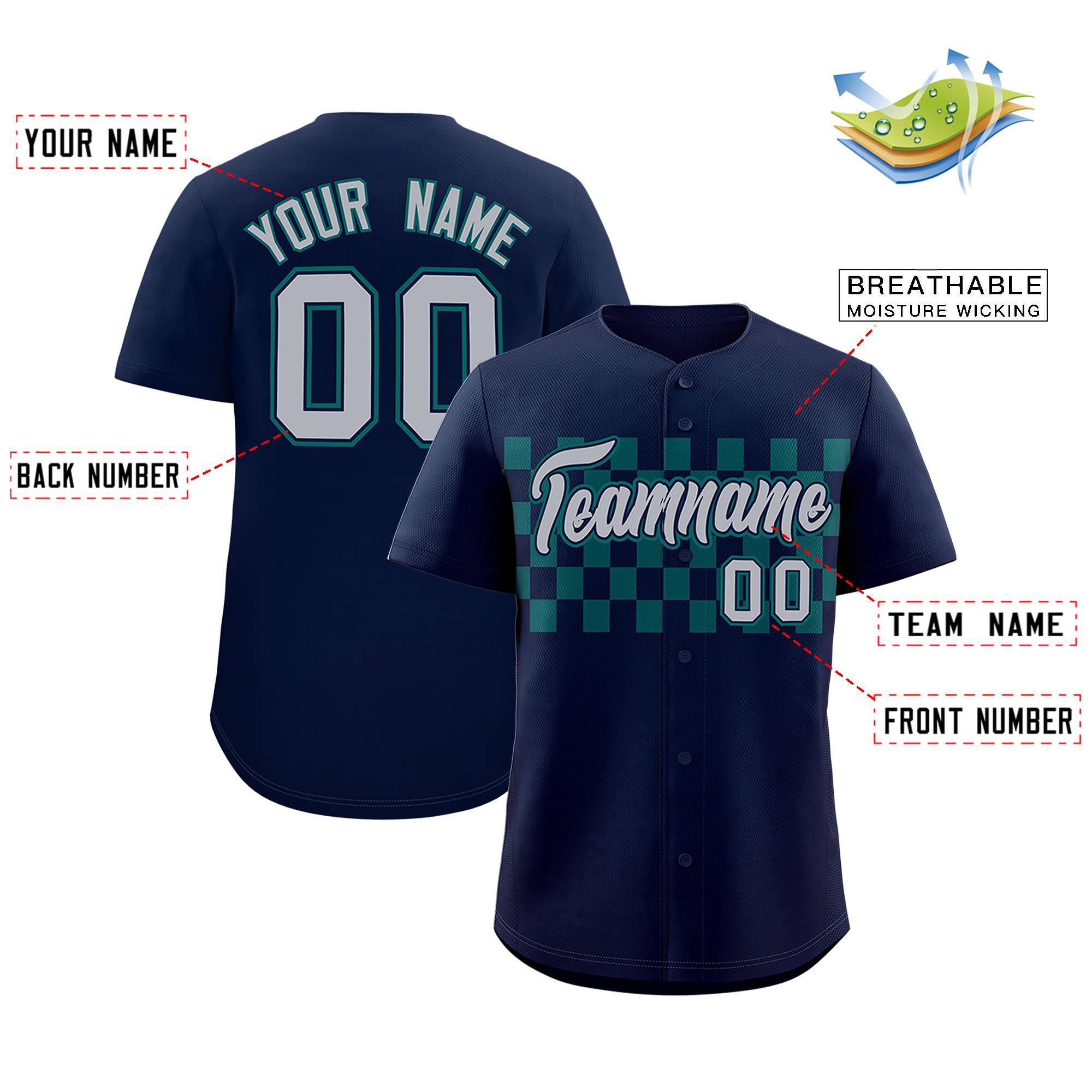 Custom Navy Aqua Personalized Plaid Fashion Design Authentic Baseball Jersey