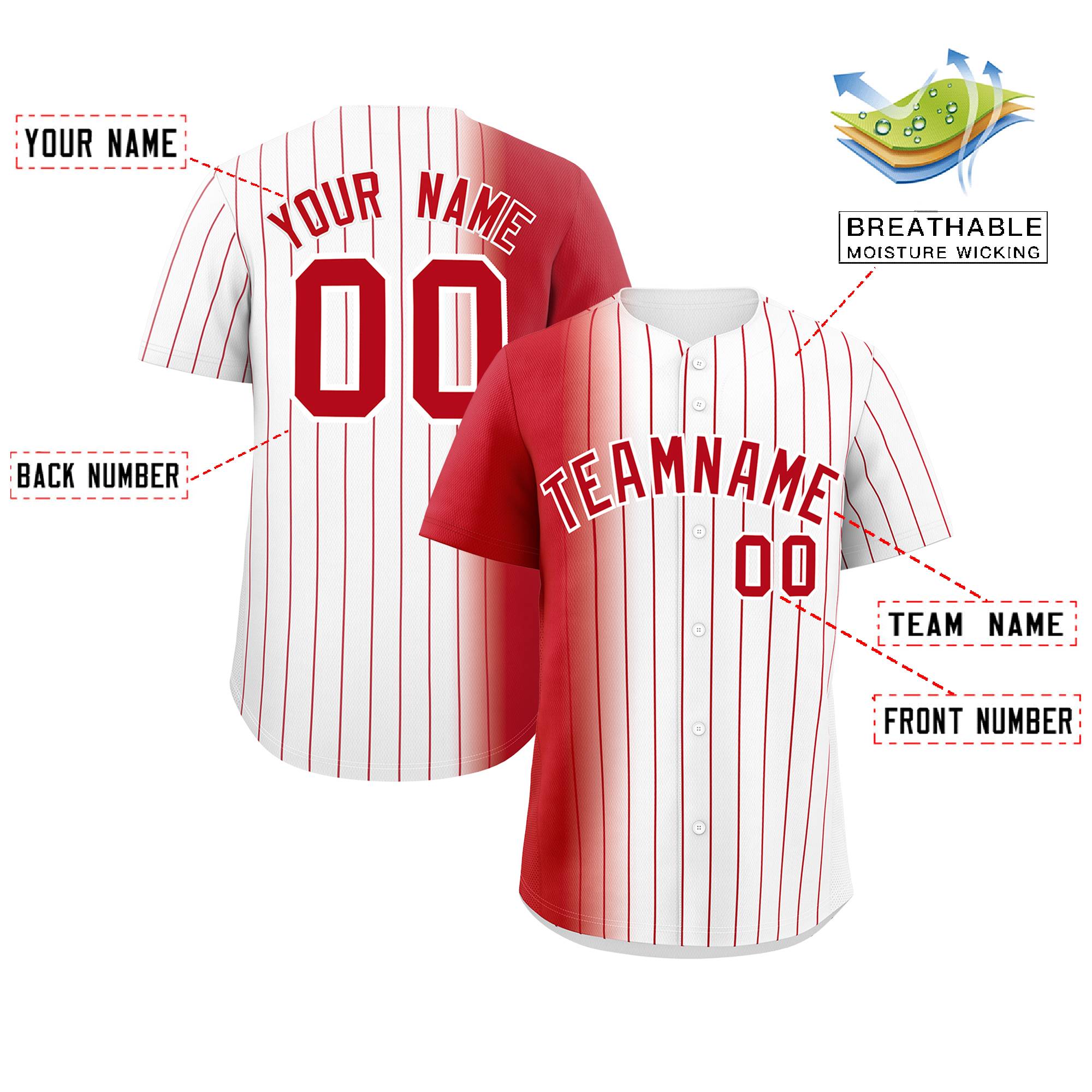 Custom White Red Pinstripe Personalized Gradient Authentic Baseball Jersey