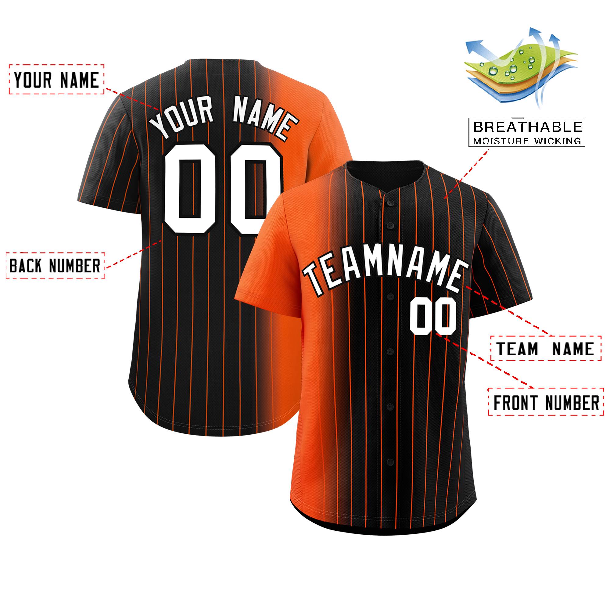 Custom Black Orange Pinstripe Personalized Gradient Authentic Baseball Jersey