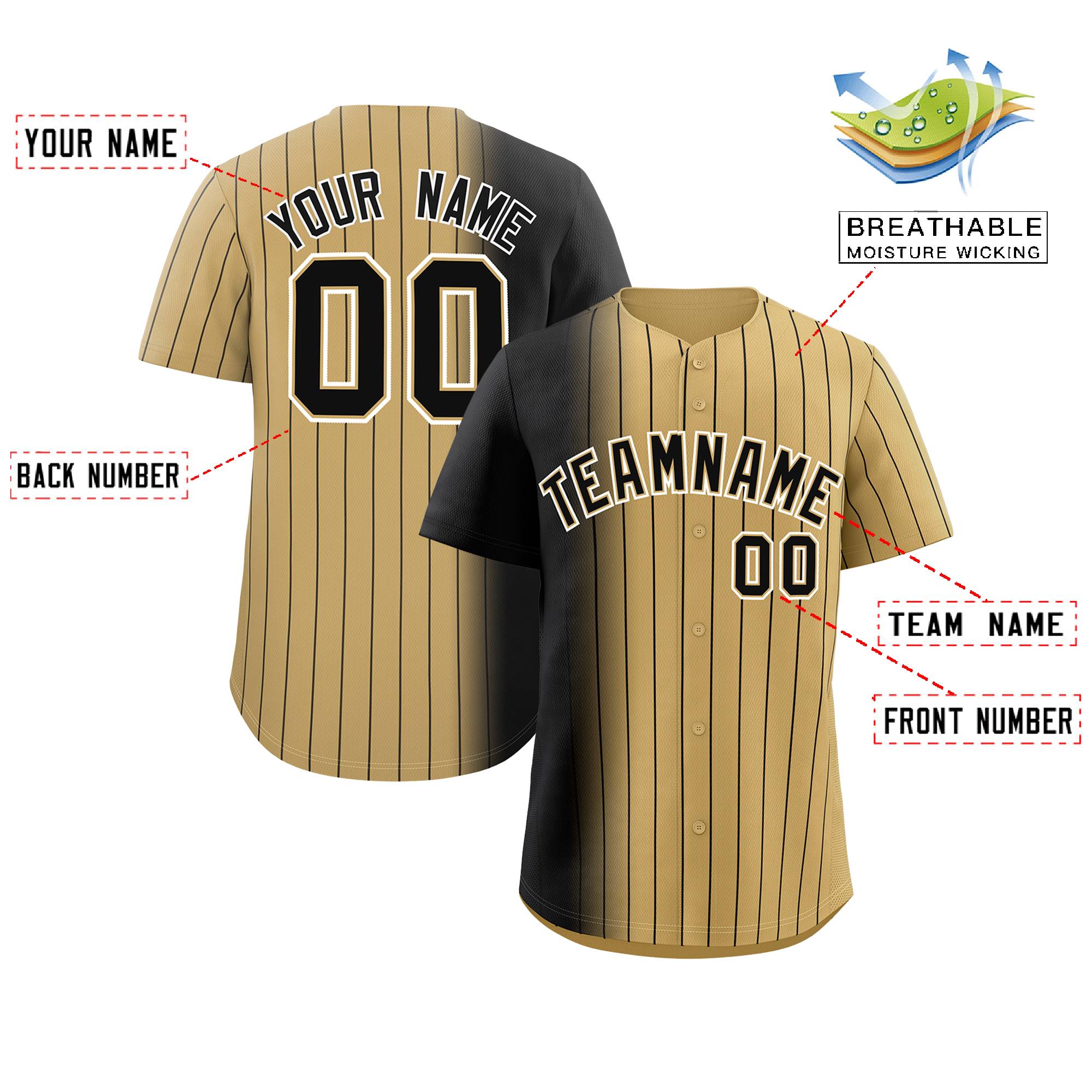 Custom Old Gold Black Pinstripe Personalized Gradient Authentic Baseball Jersey