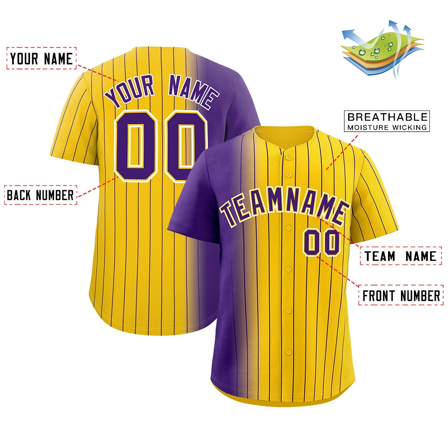 Custom Gold Purple Pinstripe Personalized Gradient Authentic Baseball Jersey