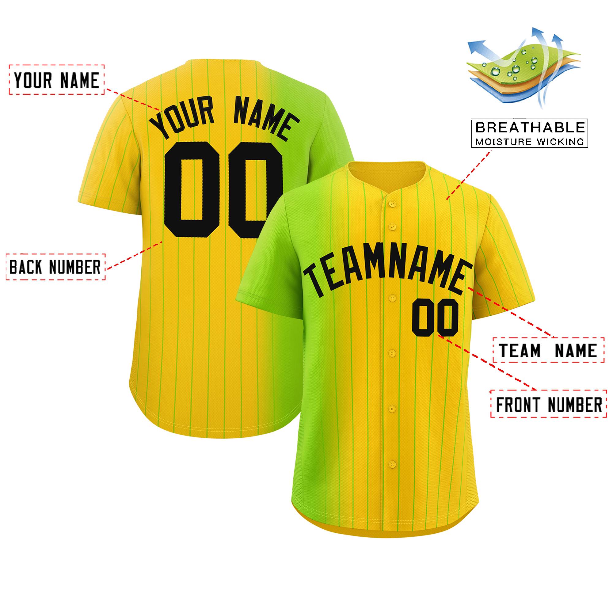 Custom Gold Neon Green Pinstripe Personalized Gradient Authentic Baseball Jersey