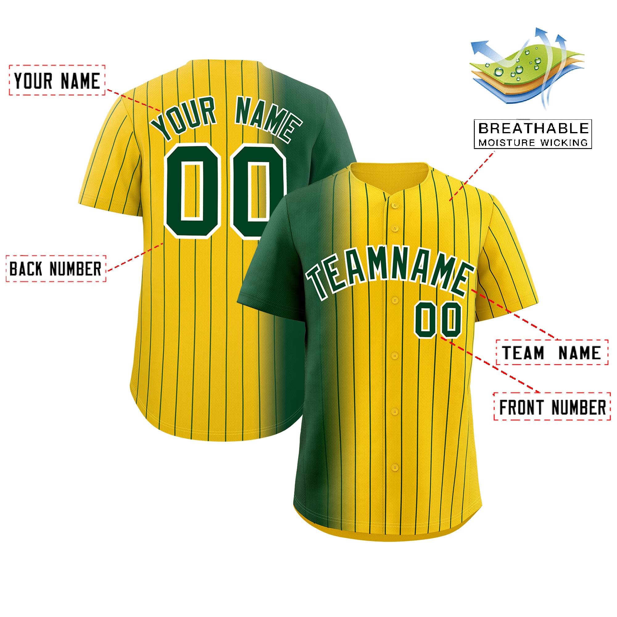 Custom Gold Green Pinstripe Personalized Gradient Authentic Baseball Jersey