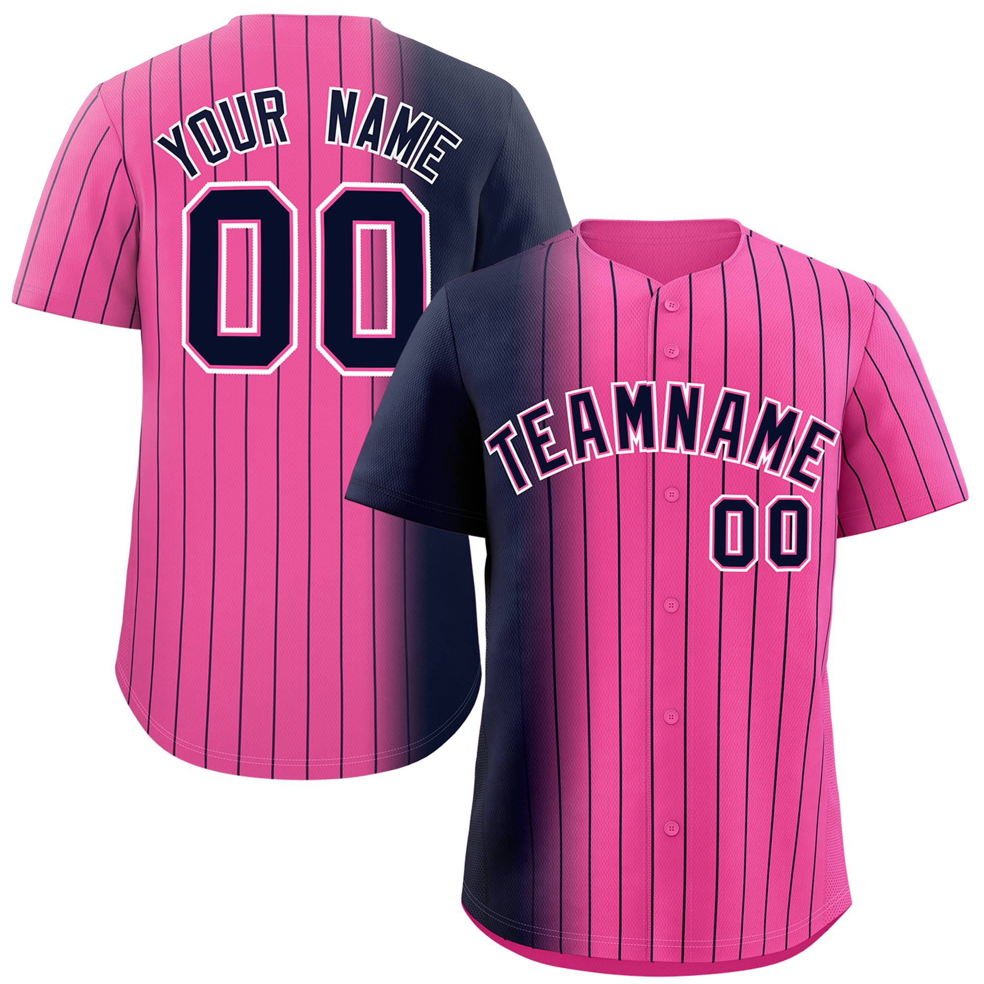 Custom Pink Navy Pinstripe Personalized Gradient Authentic Baseball Jersey