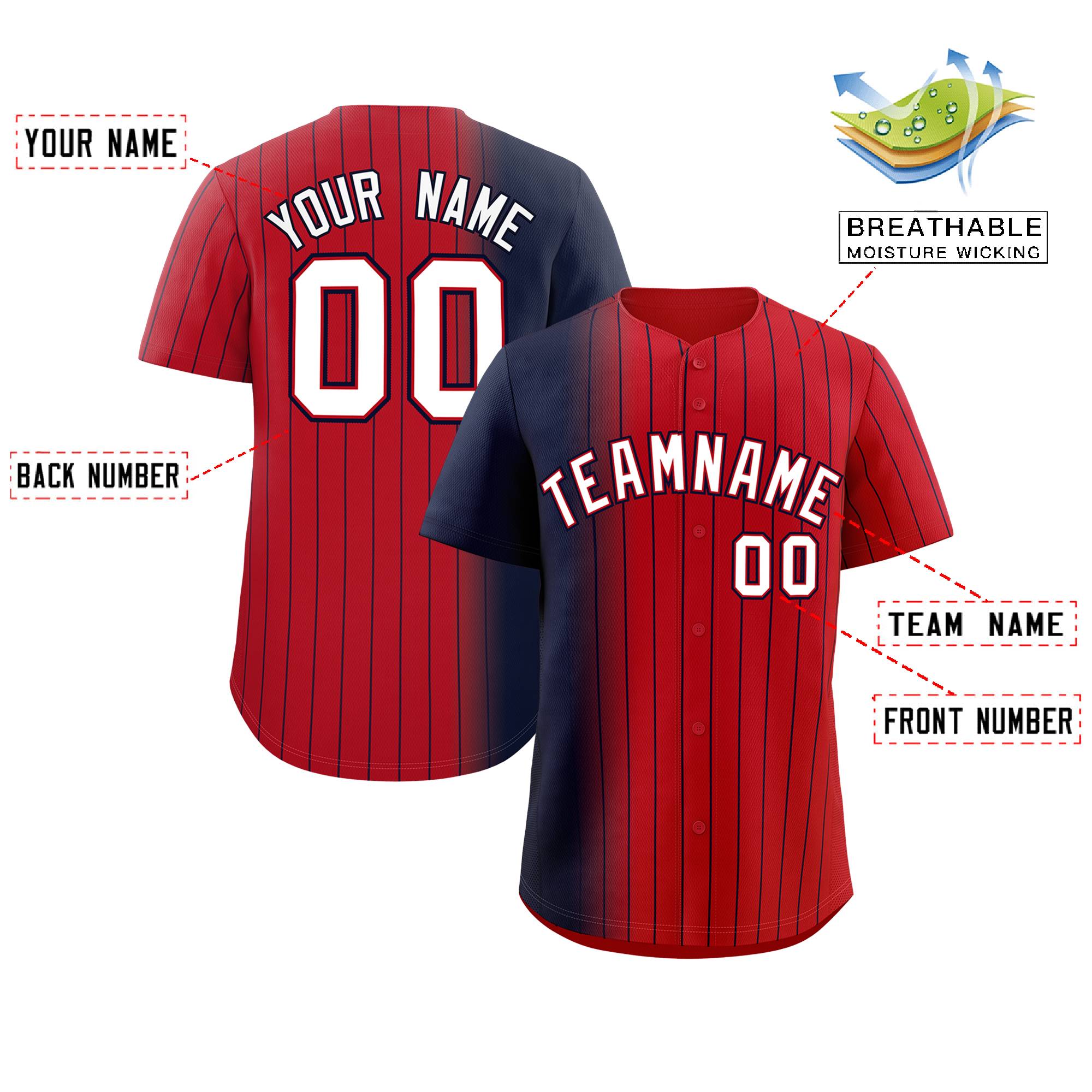 Custom Red Navy Pinstripe Personalized Gradient Authentic Baseball Jersey