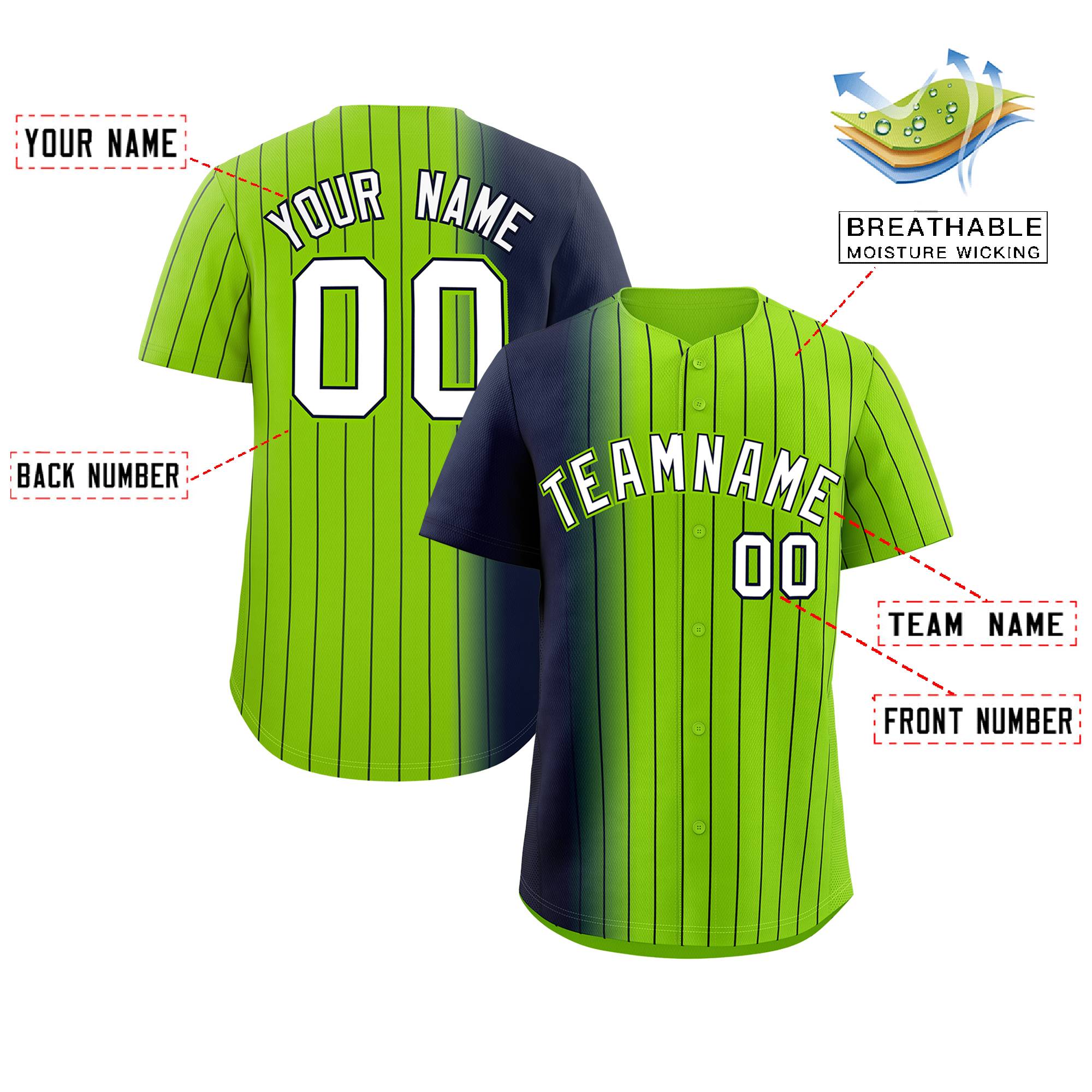 Custom Neon Green Navy Pinstripe Personalized Gradient Authentic Baseball Jersey