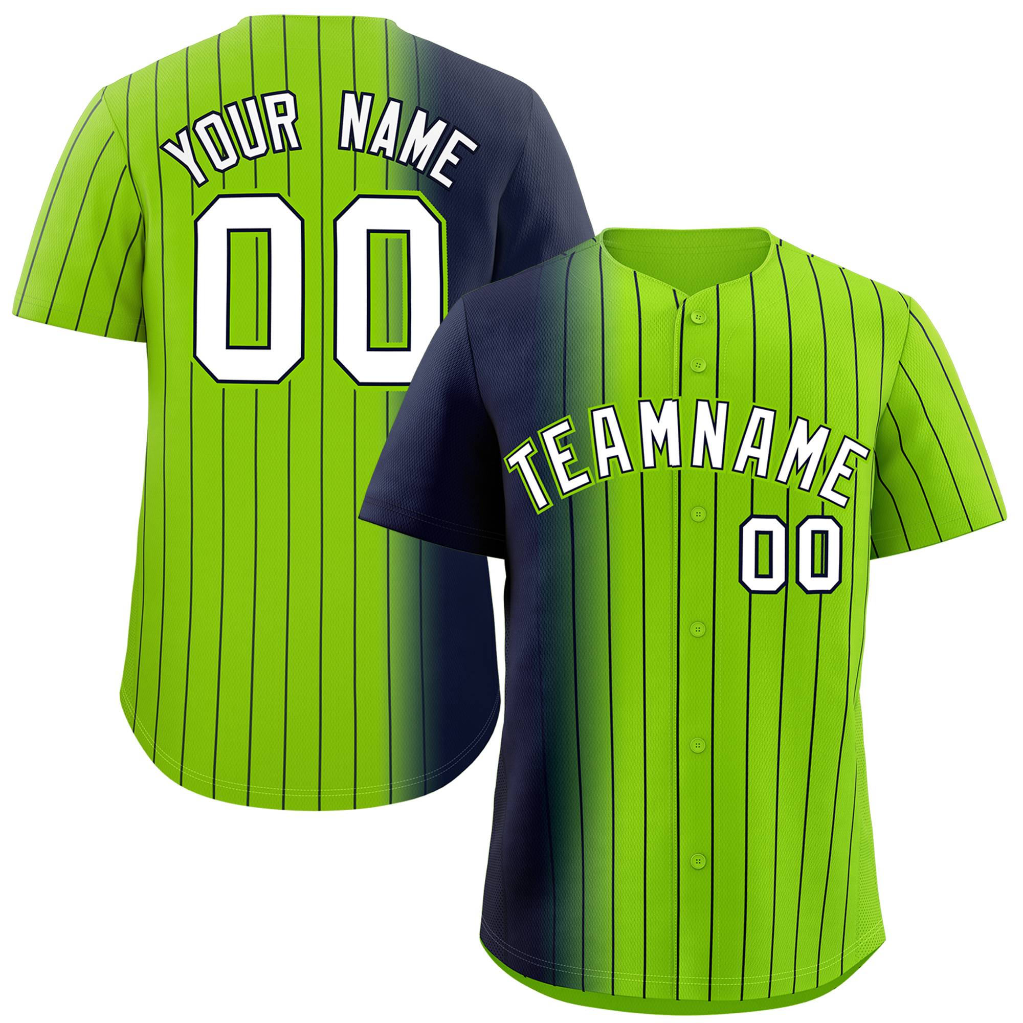 Custom Neon Green Navy Pinstripe Personalized Gradient Authentic Baseball Jersey