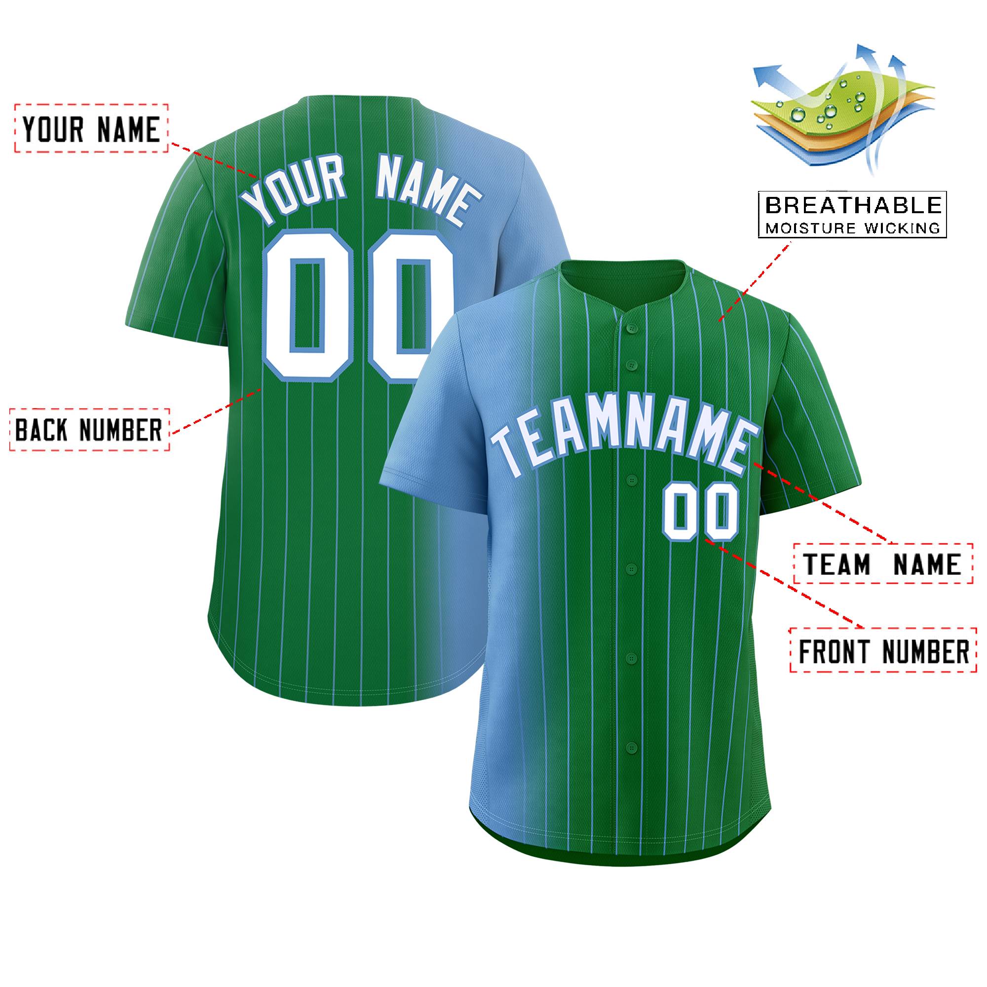 Custom Kelly Green Light Blue Pinstripe Personalized Gradient Authentic Baseball Jersey