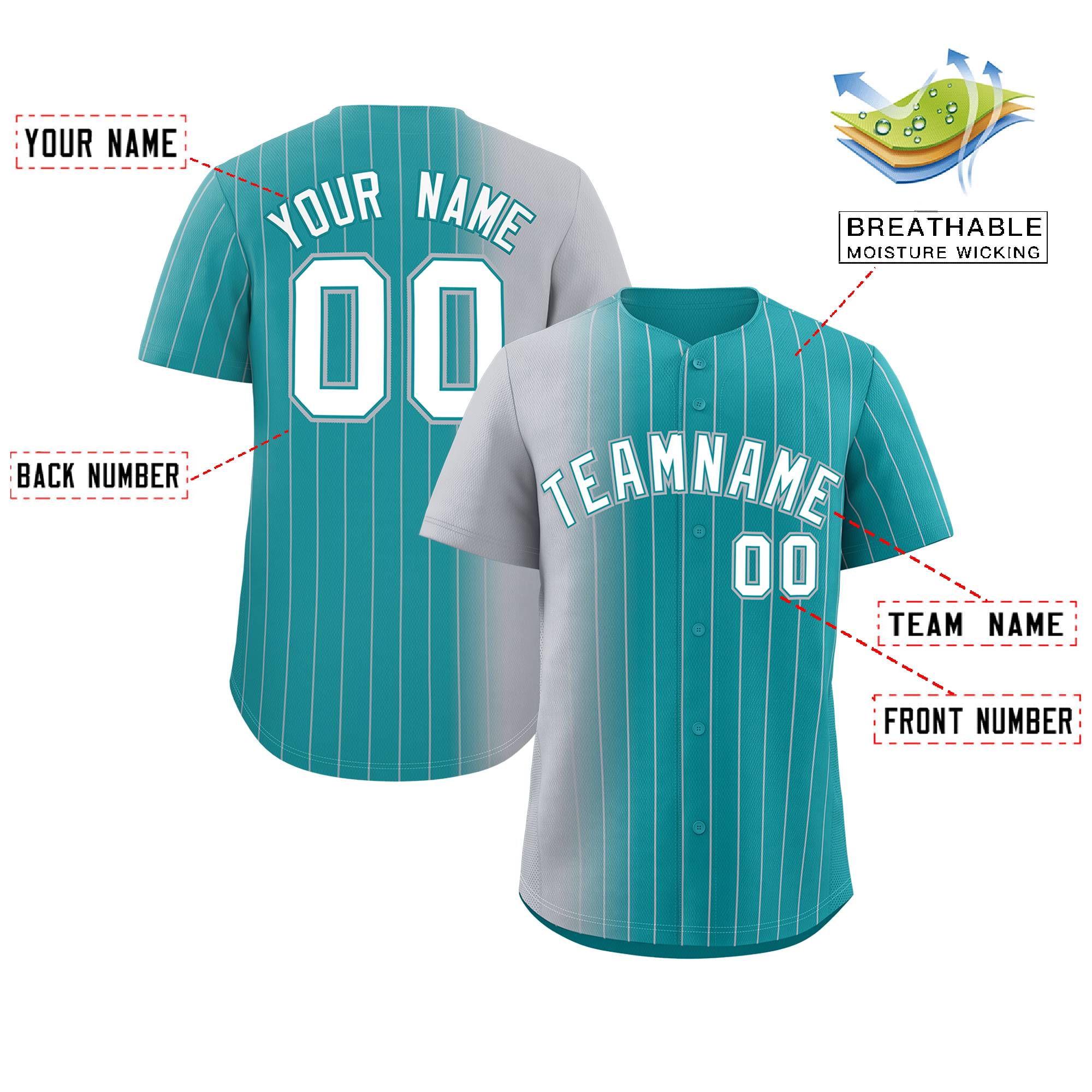 Custom Aqua Gray Pinstripe Personalized Gradient Authentic Baseball Jersey