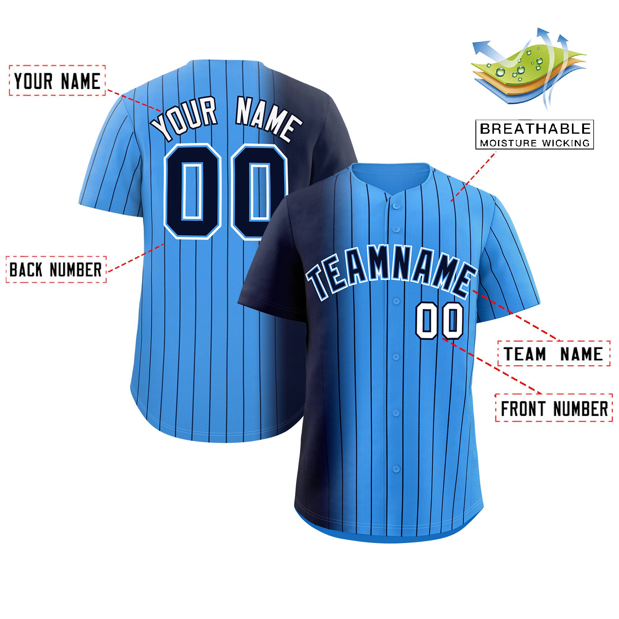 Custom Powder Blue Navy Pinstripe Personalized Gradient Authentic Baseball Jersey