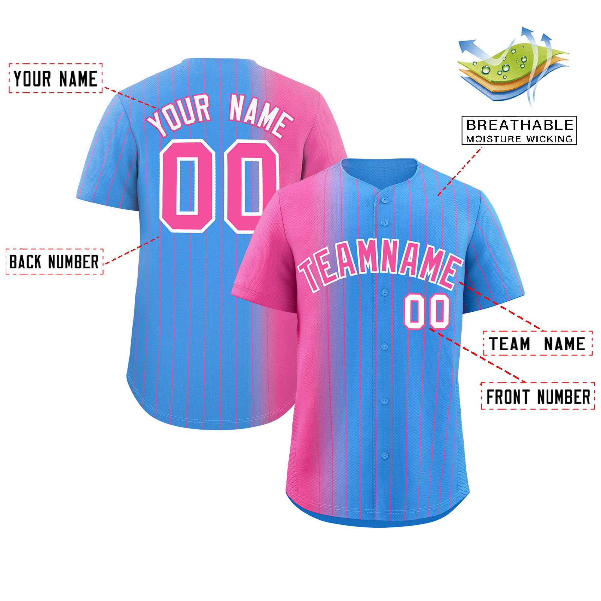 Custom Powder Blue Pink Pinstripe Personalized Gradient Authentic Baseball Jersey