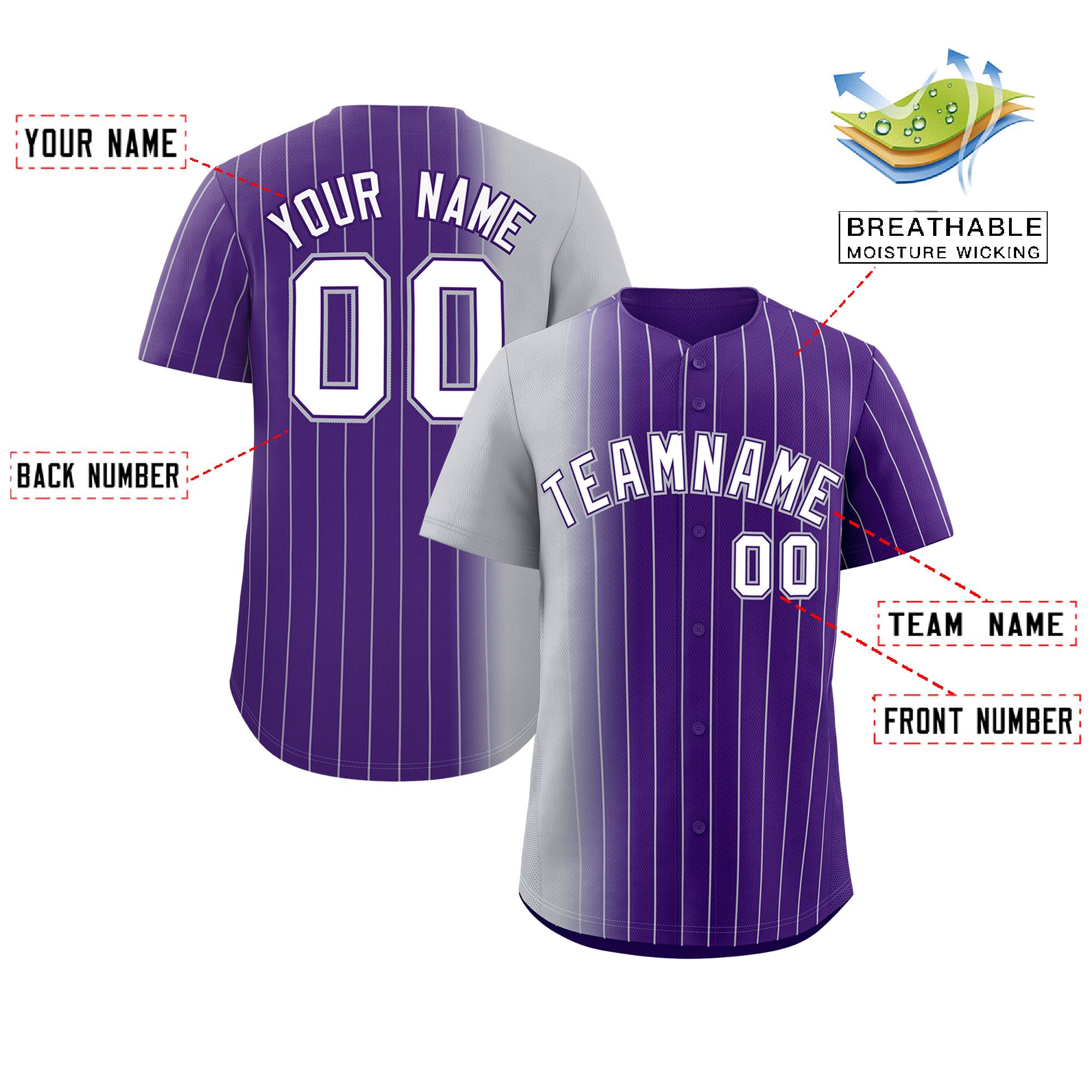 Custom Purple Gray Pinstripe Personalized Gradient Authentic Baseball Jersey