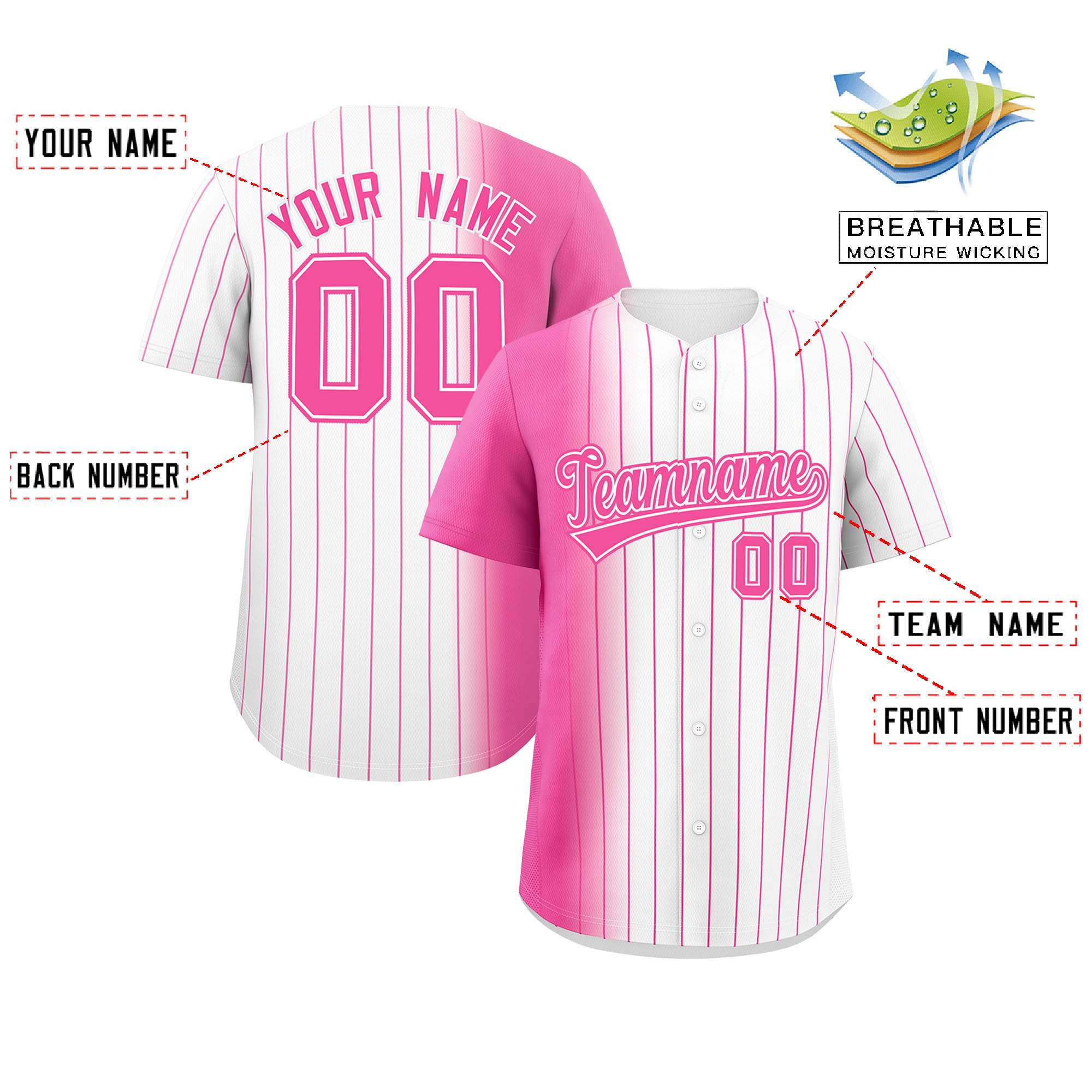 Custom White Pink Pinstripe Personalized Gradient Authentic Baseball Jersey