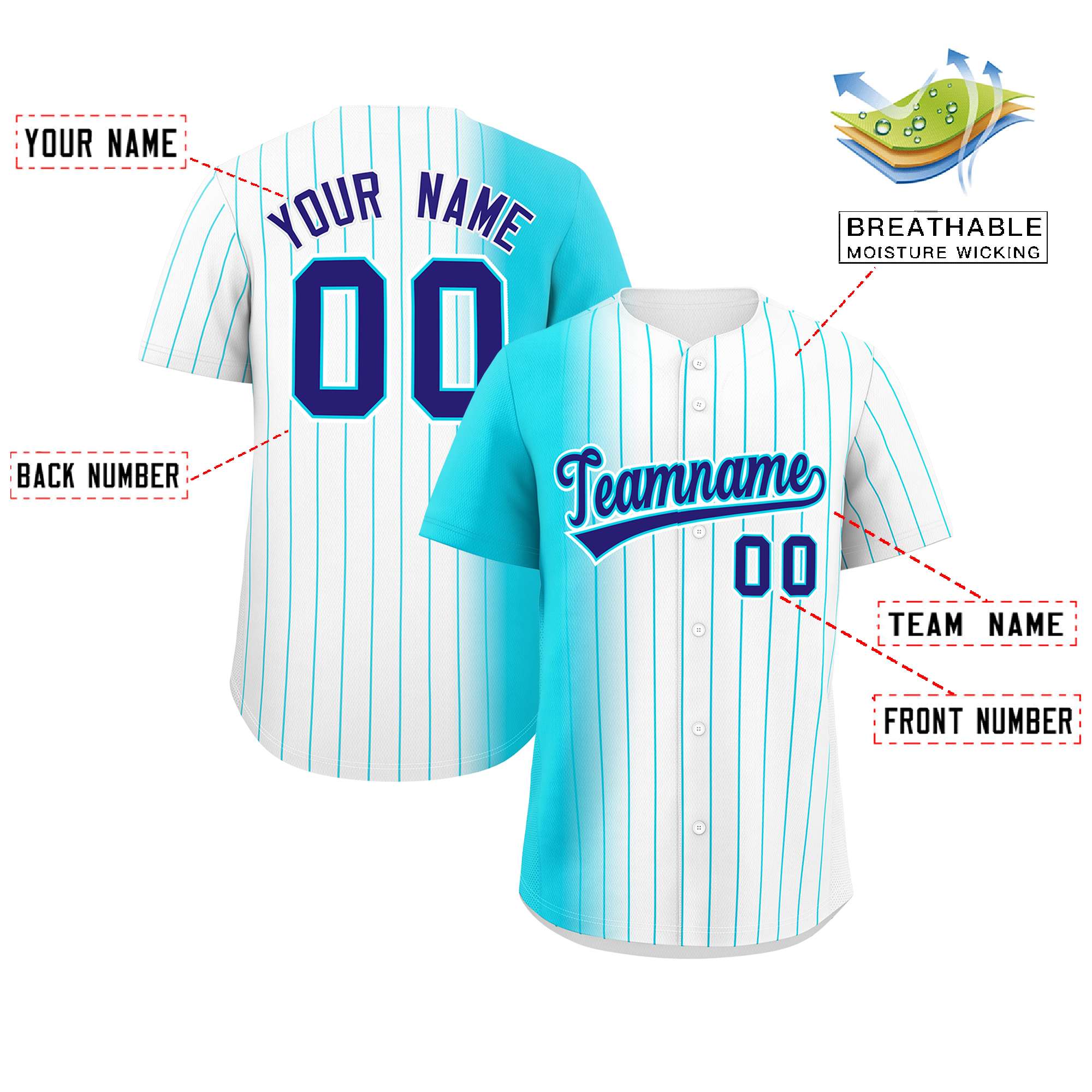 Custom White Sky Blue Pinstripe Personalized Gradient Authentic Baseball Jersey