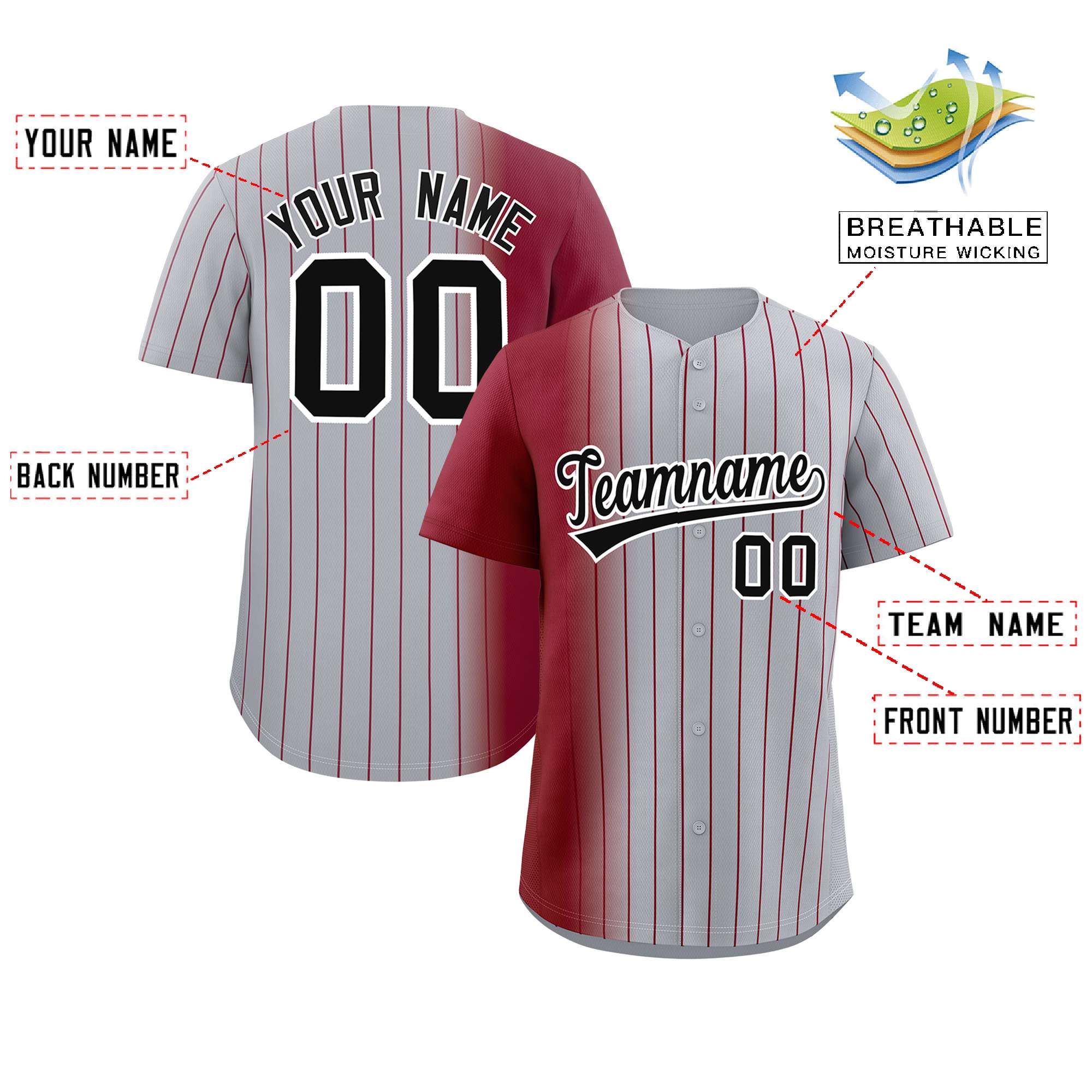 Custom Gray Crimson Pinstripe Personalized Gradient Authentic Baseball Jersey