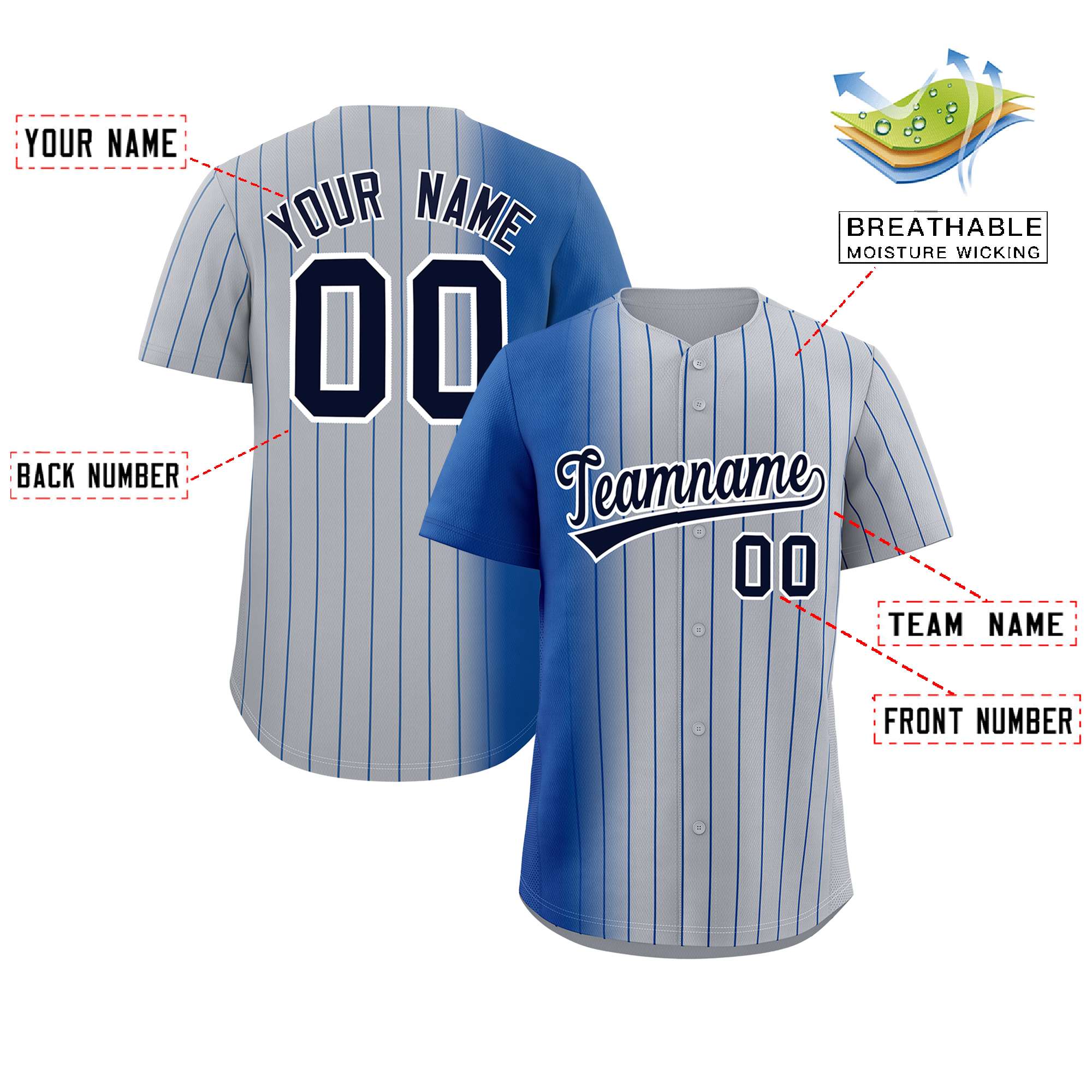 Custom Gray Royal Pinstripe Personalized Gradient Authentic Baseball Jersey